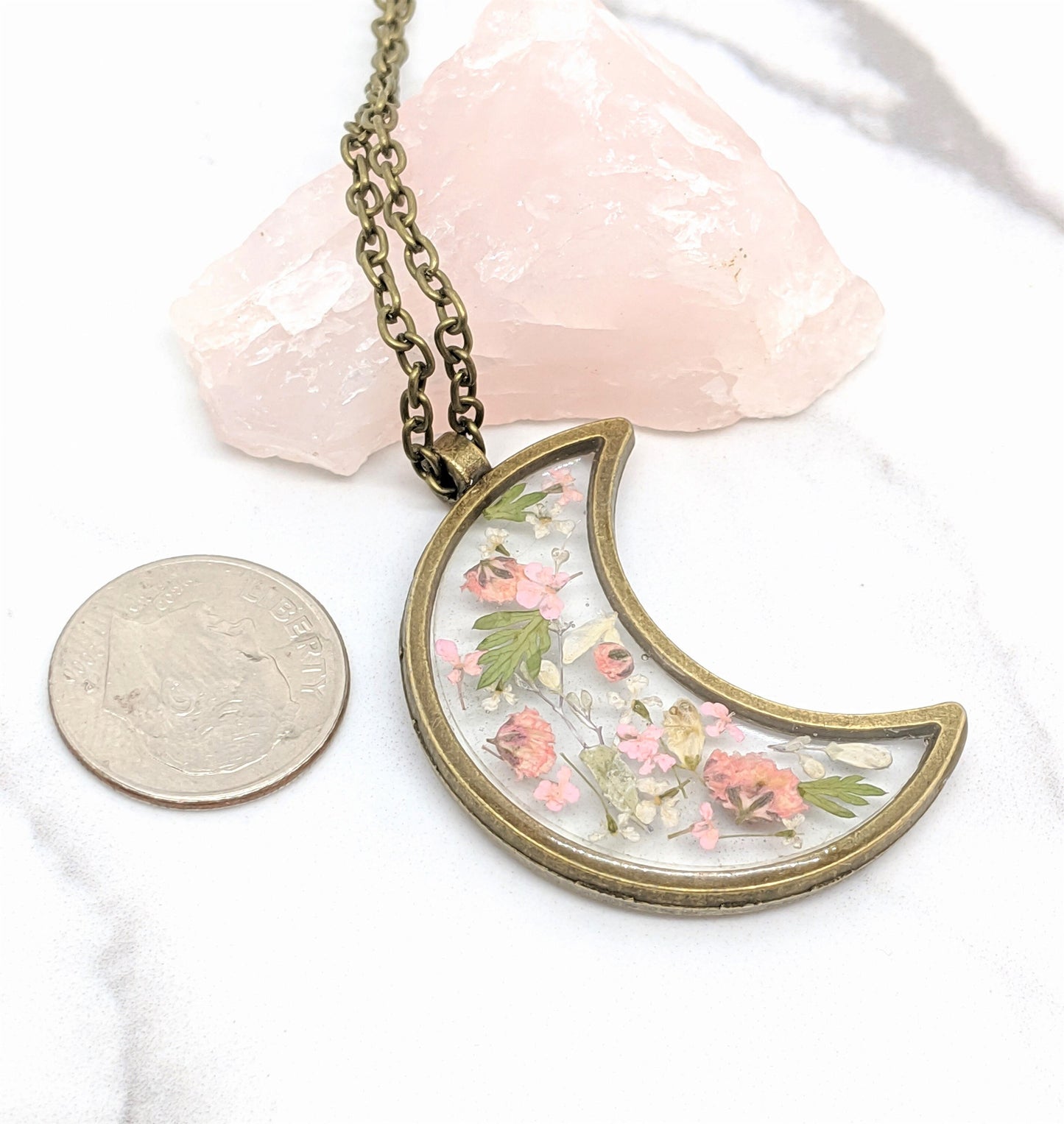 Real Pressed Flower Moon Necklace, Blush Pink Leaf, Bronze Resin Plant Pendant Dried Flower Jewelry, Handmade Moon Necklace, Celestial Lunar