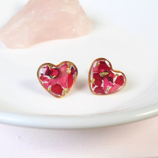 Rose petal heart earrings, real pressed flower studs, crushed rose petals, resin, silver, gold, Mother's day gift for her, heart jewelry