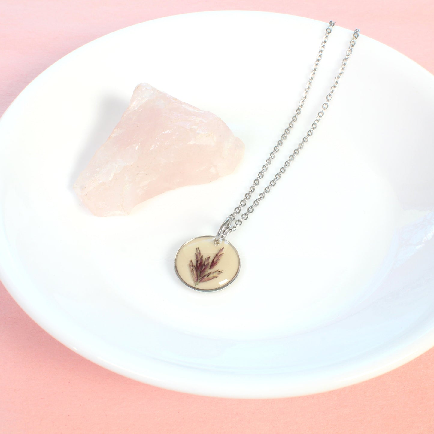 Dainty pressed flower necklace, natural botanical resin pendant, beige, green, white, baby's breath, fern, wildflower nature plant jewelry