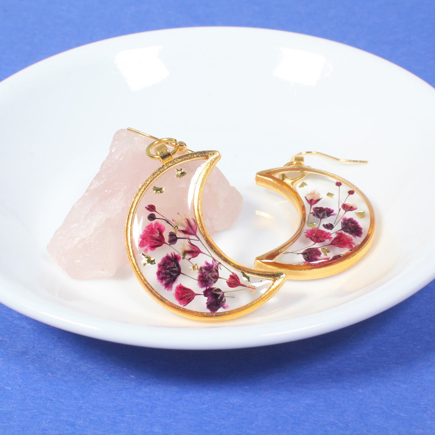 Pressed Flower Earrings, Resin Moon Dangles, Real Dried Flowers, Handmade, Silver, Rose Gold, Bronze, Gold, Botanical, Baby's breath, Nature