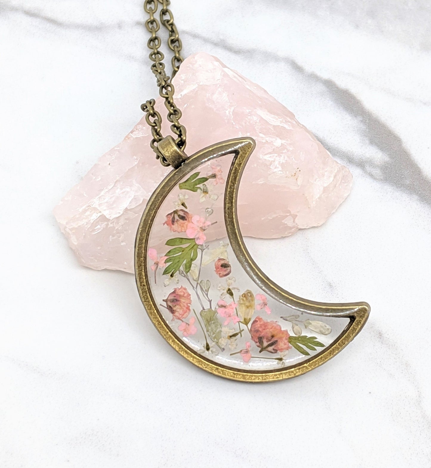 Real Pressed Flower Moon Necklace, Blush Pink Leaf, Bronze Resin Plant Pendant Dried Flower Jewelry, Handmade Moon Necklace, Celestial Lunar