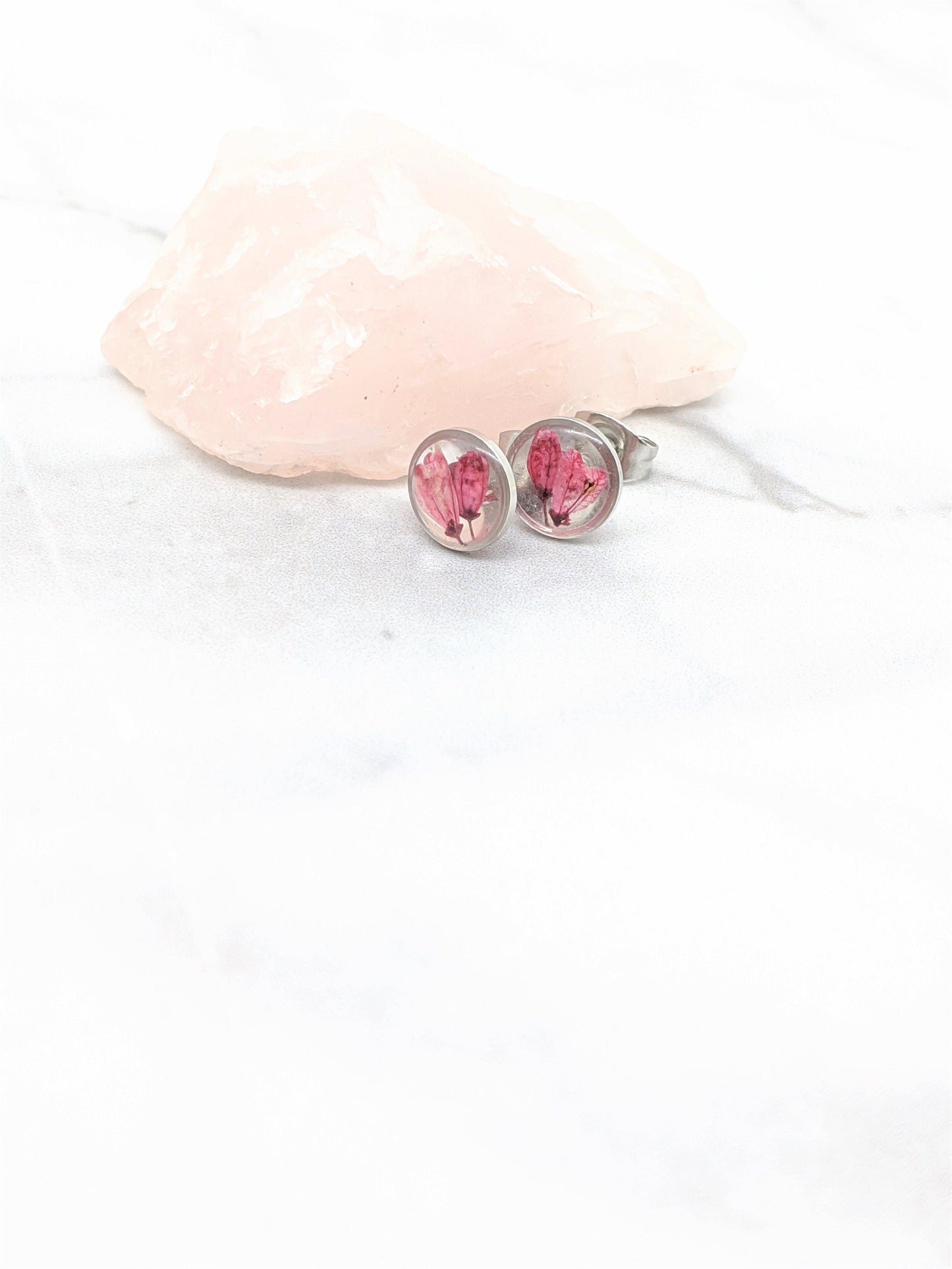 Tiny Real Pressed Flower Earrings, Silver Circle Studs with Dark Rose Pink Flowers, Minimalist, Small wildflower earrings, titanium posts