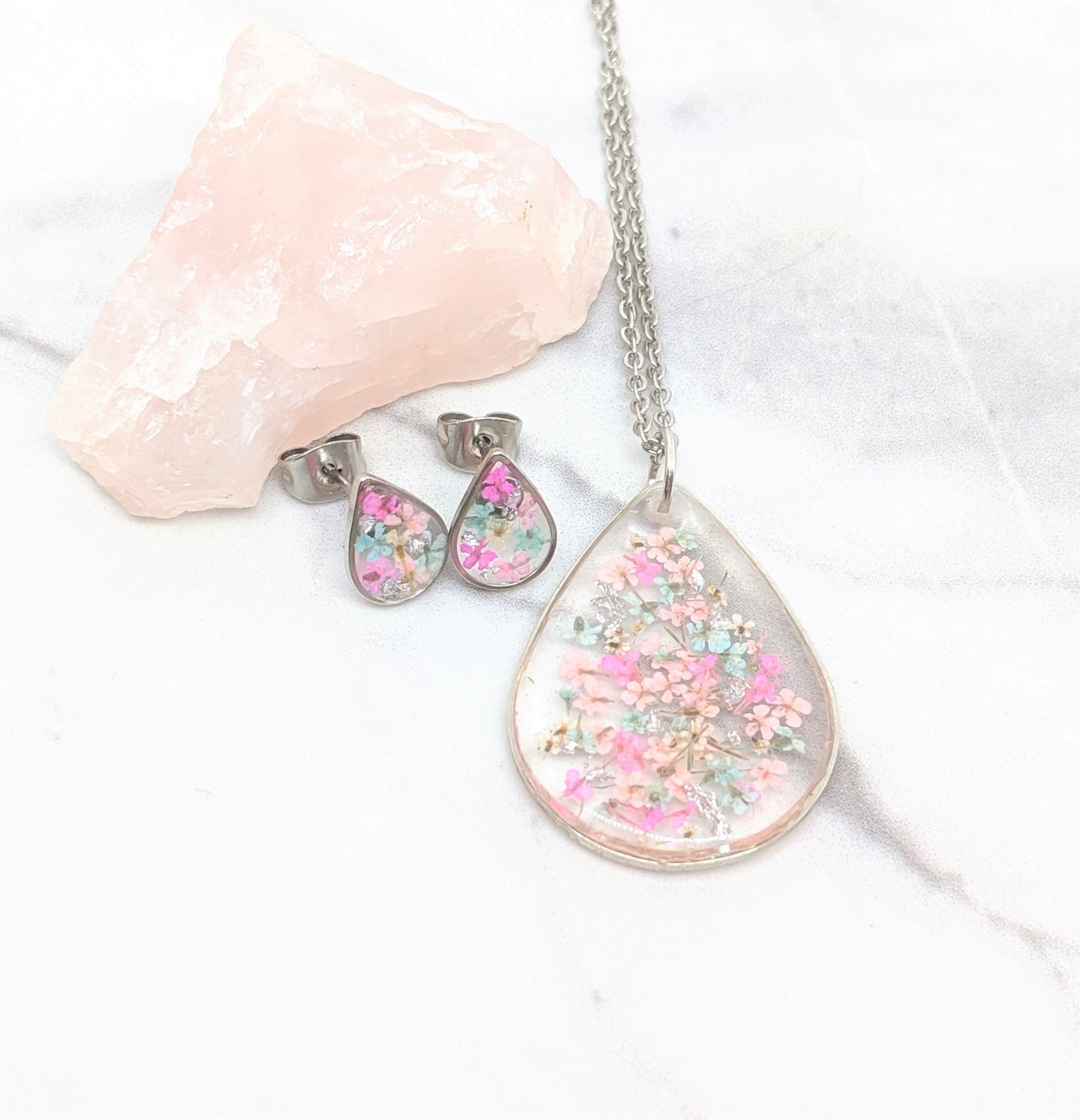 Real Pressed Flowers Silver Teardrop Post Earrings in Pastel Pink Blush and Baby Blue, with Silver Flecks