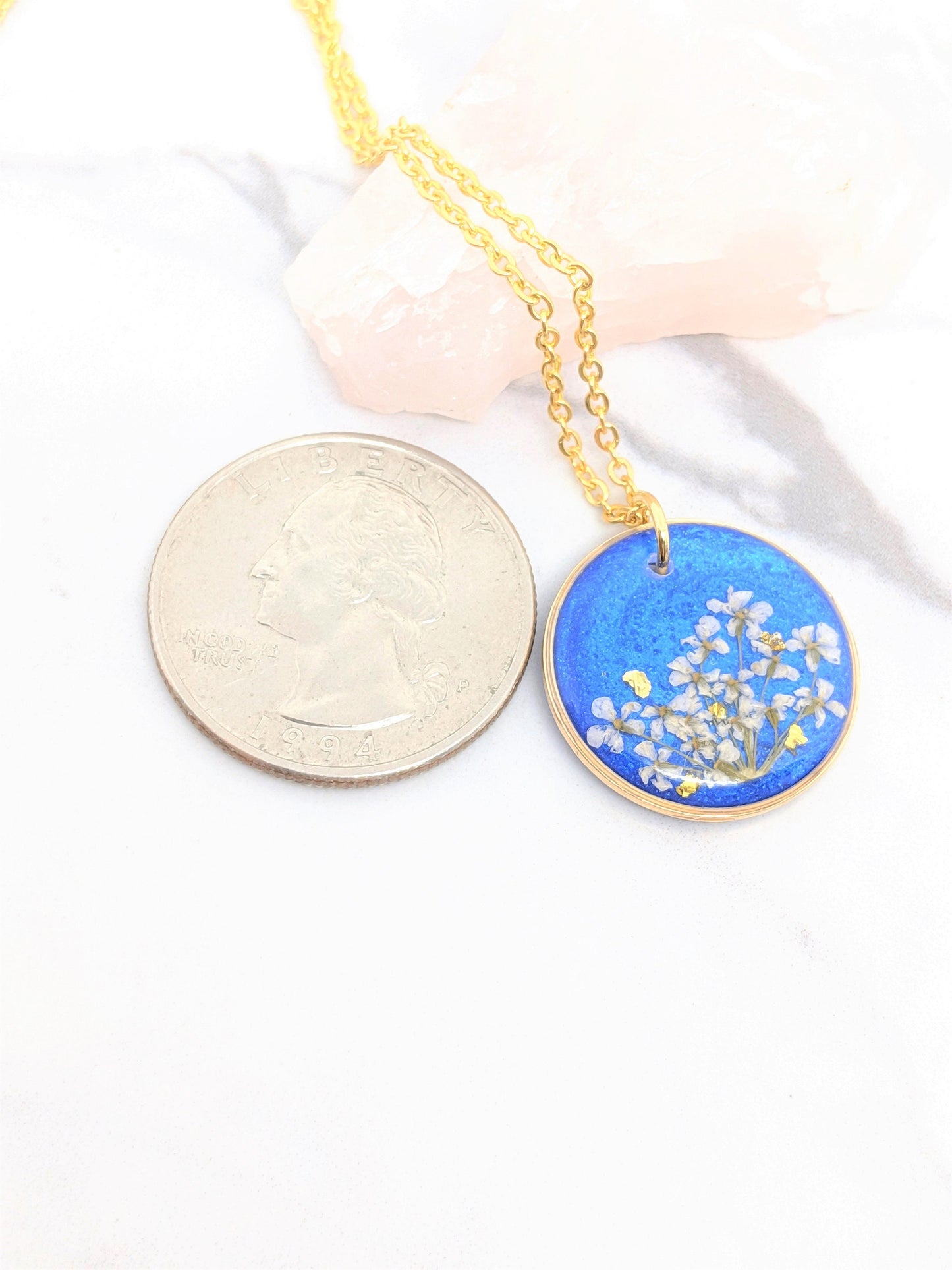 Pressed Flower Necklace, Small Real Flower Jewelry, Blush Pink, Blue, Lavender, Neon Pink, Mint, Black, Resin Lace Pendant, Colorful, Circle