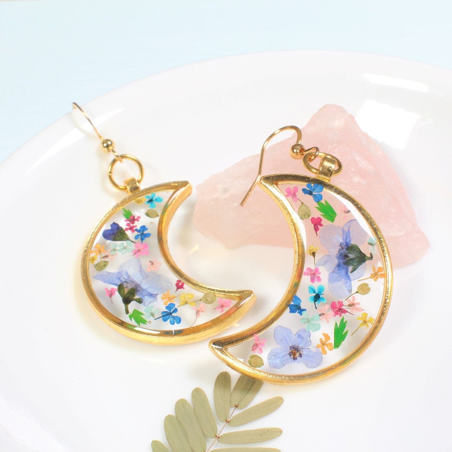 Pressed Flower Moon Earrings, Large Gold Floral Dangle, Resin, Forget me not Flowers, Colorful Dried Flower Earring, Celestial Plant Jewelry