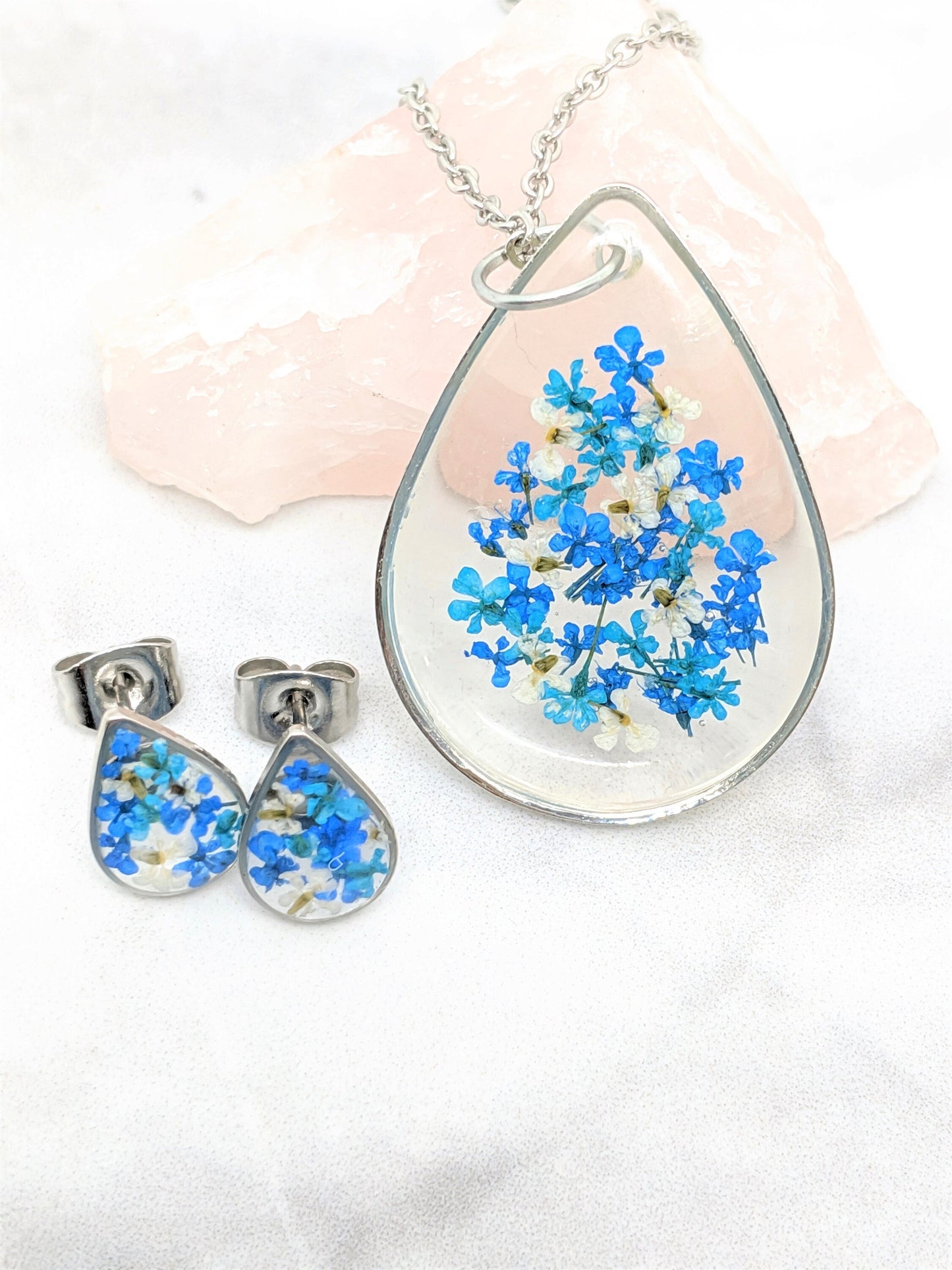Pressed flower stud earrings, navy blue, teal, white, teardrop studs, hypoallergenic titanium