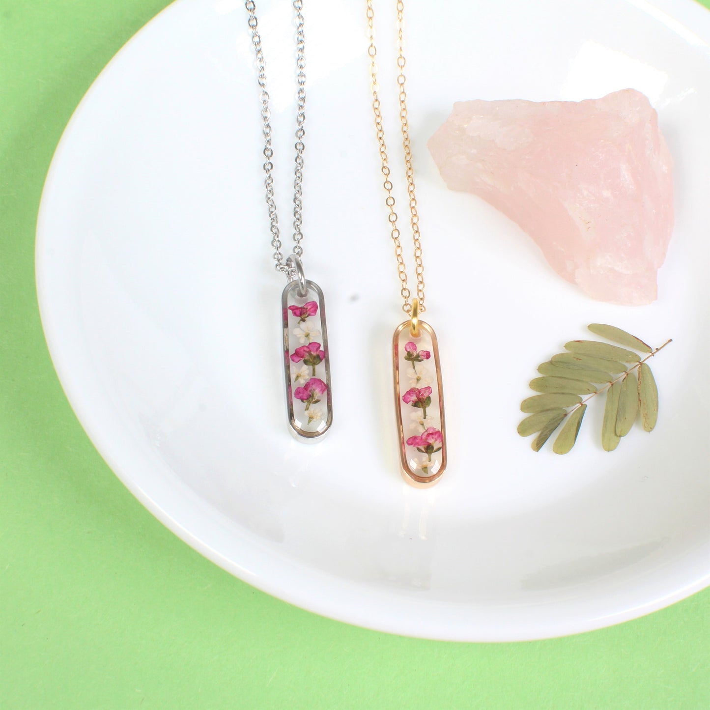Dainty Pressed Flower Necklace, Oval Silver Bar, Real Dark Pink Dried Wildflowers, Resin, Pill Shaped Small Nature Pendant, Plant Jewelry