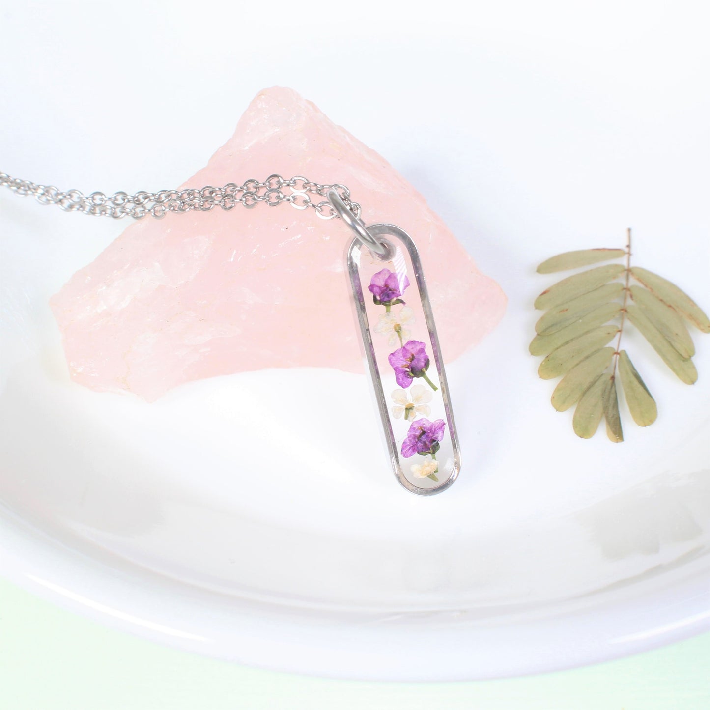 Pressed flower necklace, Dainty Oval Bar, Small Purple and White Dried Flowers in Resin, Delicate, Silver, Nature, Handmade botanical
