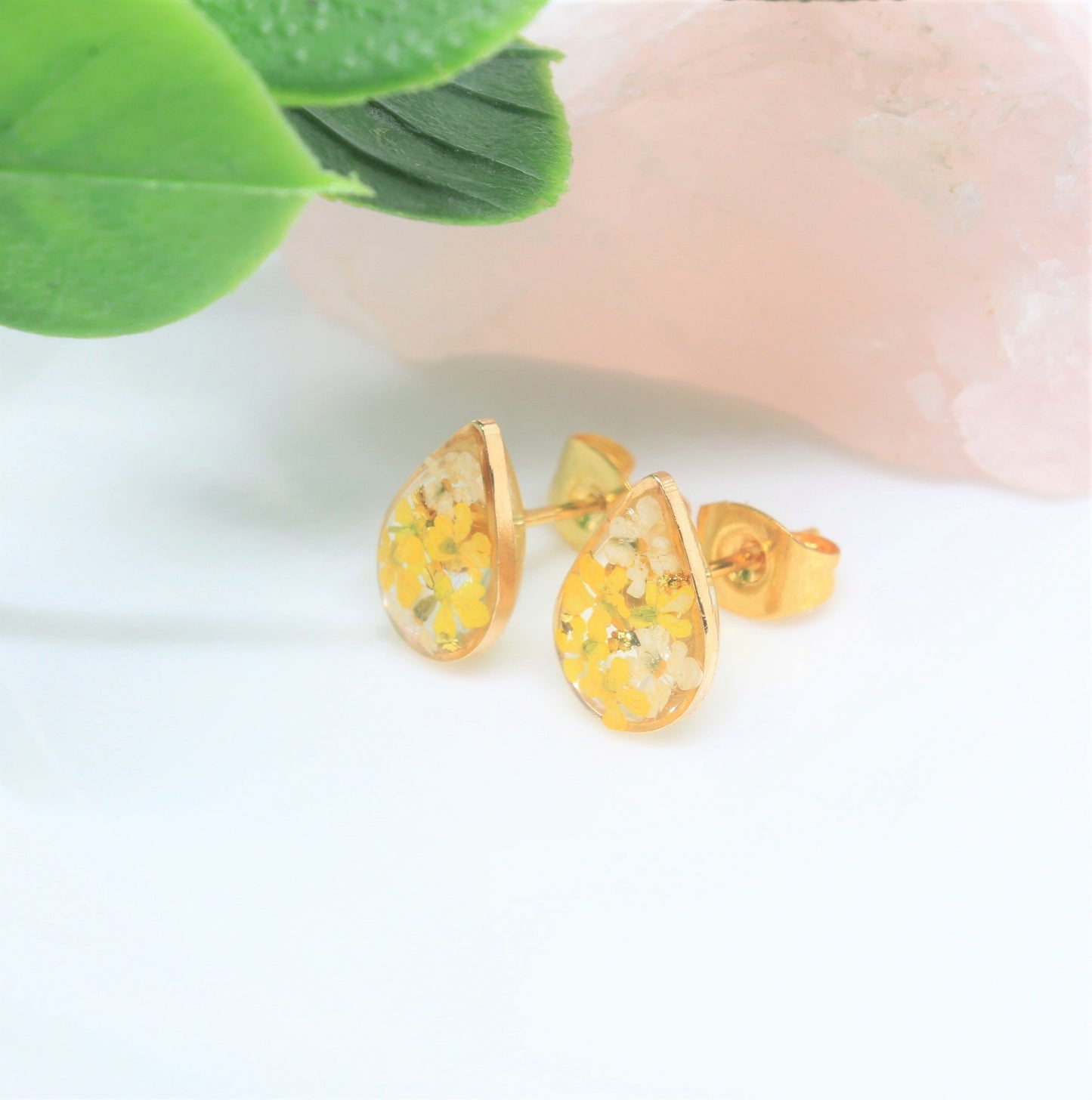 Pressed Flower Studs, Yellow, White, Gold Teardrop Posts, Dry Flower Earrings, Pressed Flower Jewelry, Real Flowers Jewelry, Pressed Flowers