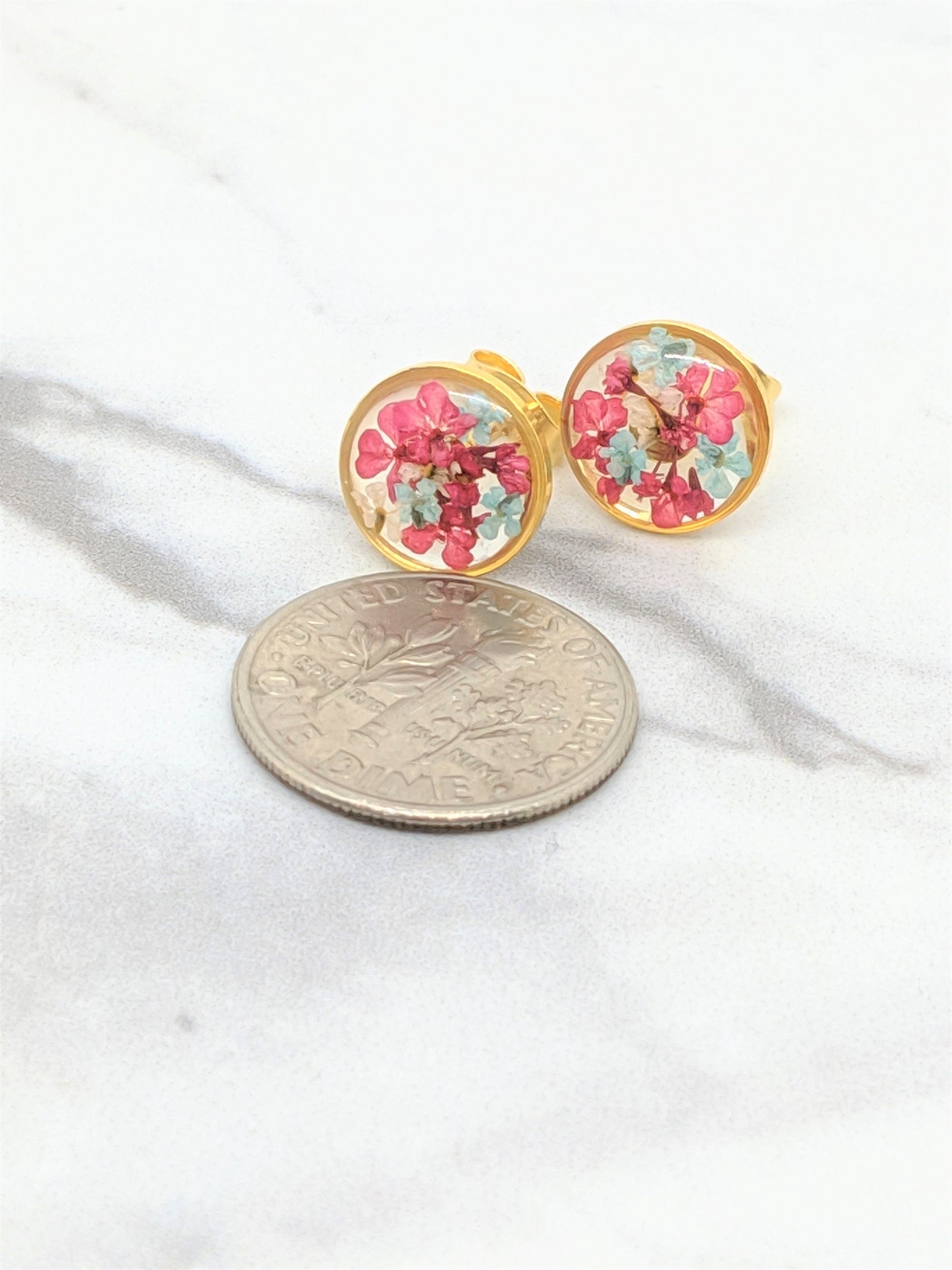 Pressed Flower Earrings, Magenta Pink Gold Circle Posts, Pressed Flower Jewelry, Real Dried Flower Resin Studs, Pressed Flowers Earrings