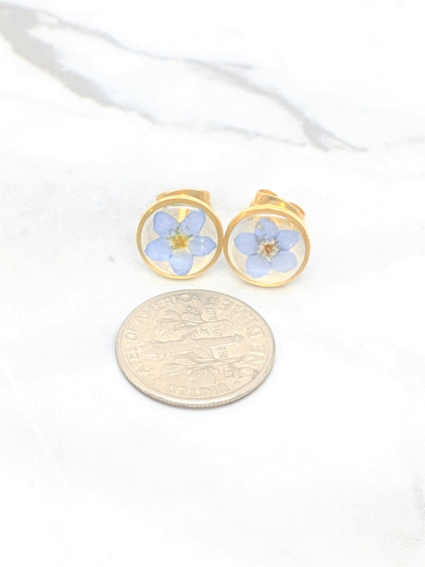 Pressed Flower Earrings, Forget me not Studs, Botanical Earrings, Pressed Flower Jewelry, Real Dried Blue Flower Studs, Hypoallergenic