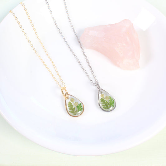 Tiny fern necklaces, real pressed fern leaf in resin, handmade nature plant jewelry, forest necklace, teardrop pendant, gold filled, silver
