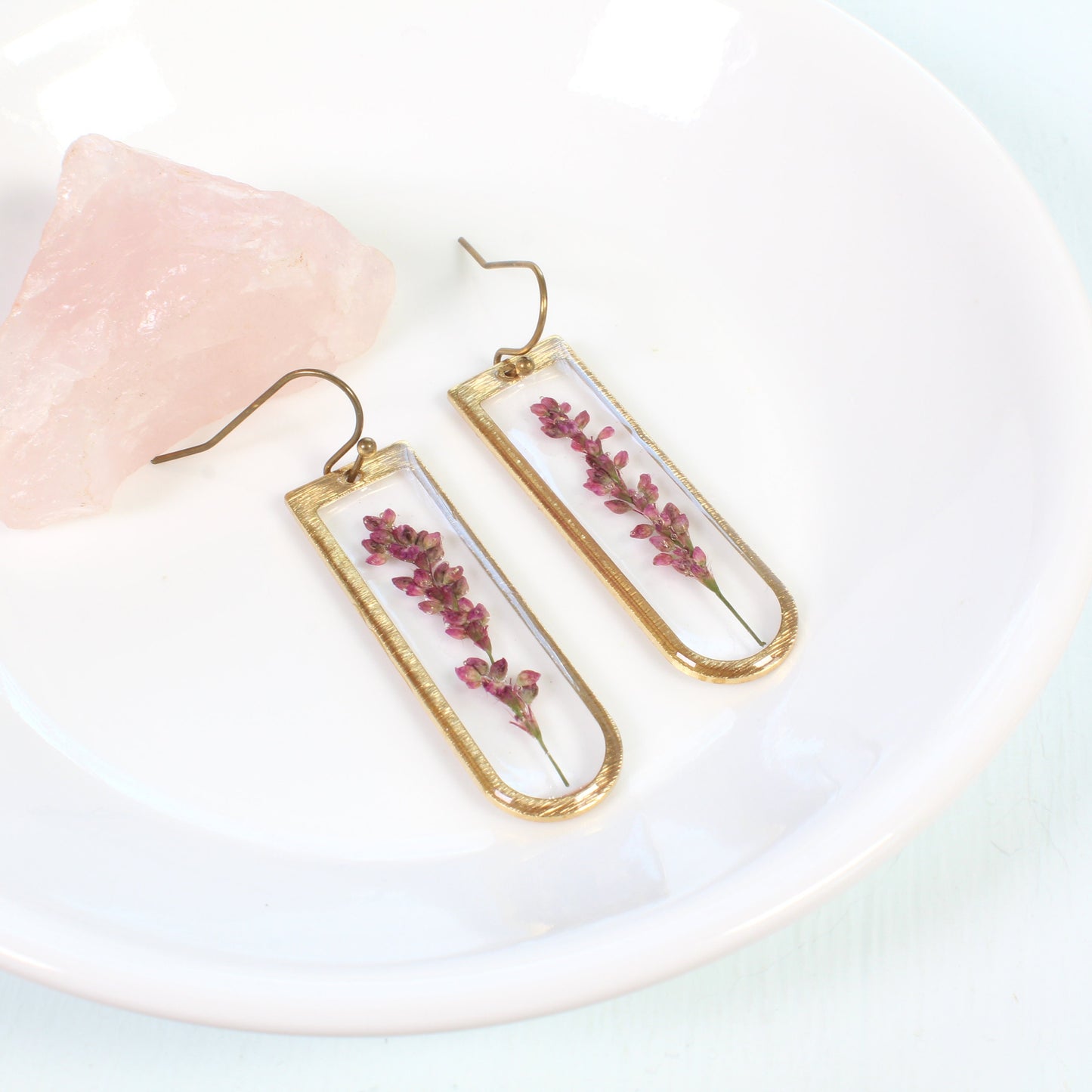 Purple pressed flower earrings, long oval resin dangle earrings, pepperweed, brass, handmade jewelry, nature lover gift, natural wildflower