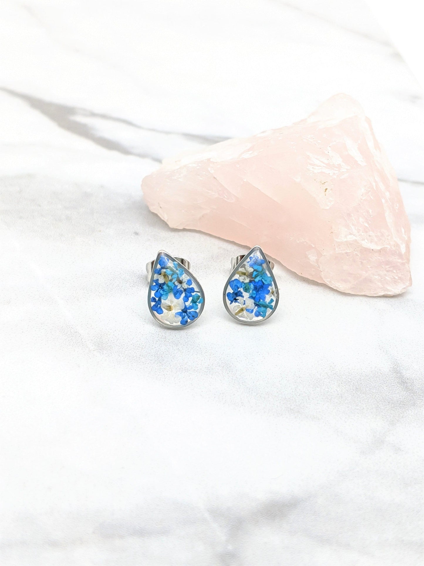 Pressed flower stud earrings, navy blue, teal, white, teardrop studs, hypoallergenic titanium