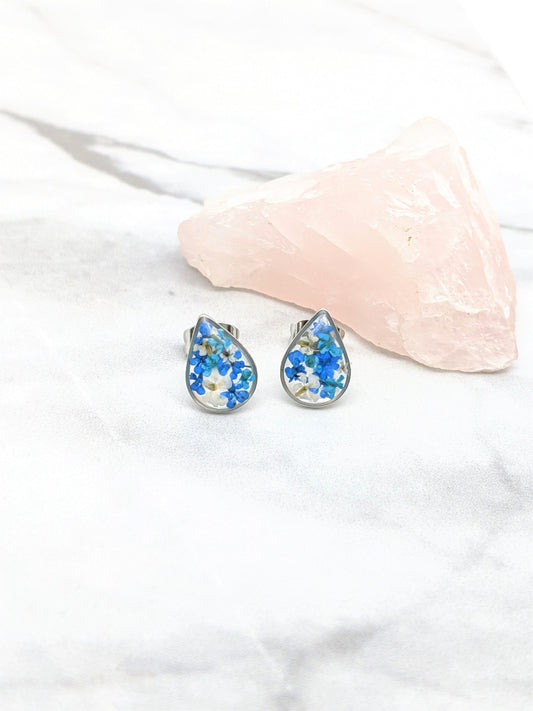 Pressed flower stud earrings, navy blue, teal, white, teardrop studs, hypoallergenic titanium
