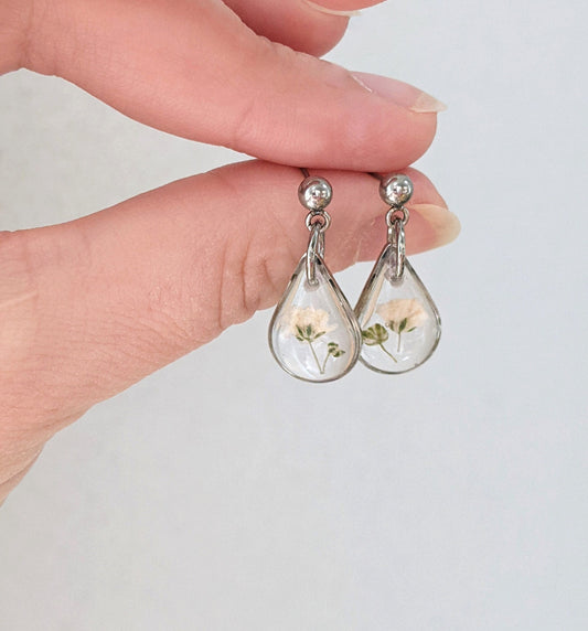 Tiny silver baby's breath earrings, dainty boho nature earrings, resin jewelry, handmade, small white teardrop dangles, nature, botanical