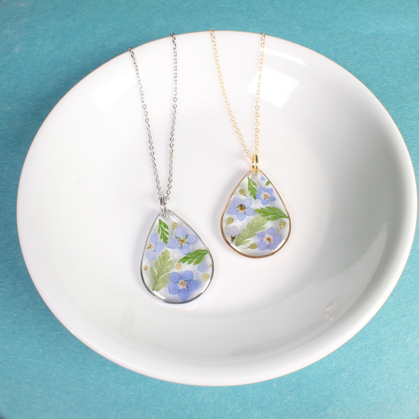 Pressed forget me not flowers and fern leaves resin handmade teardrop necklace