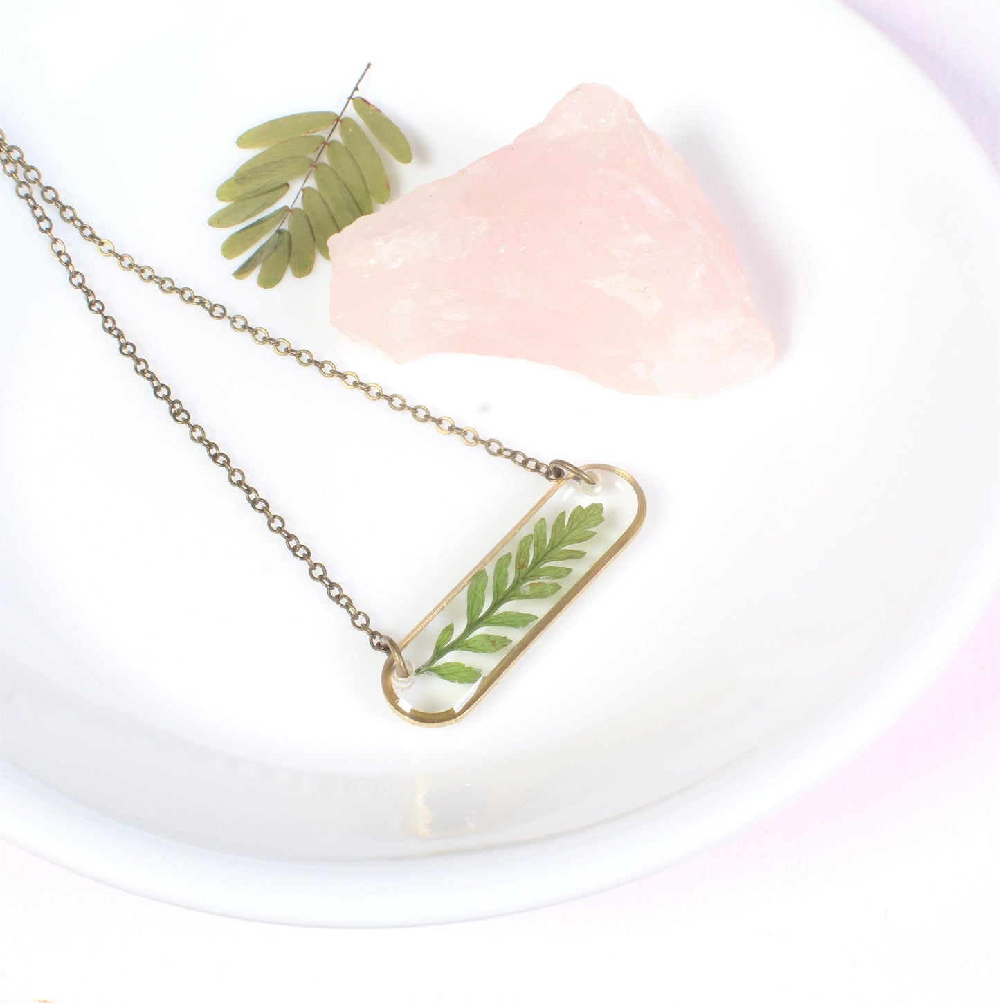 Oval Pressed Fern Leaf Necklace in Brass