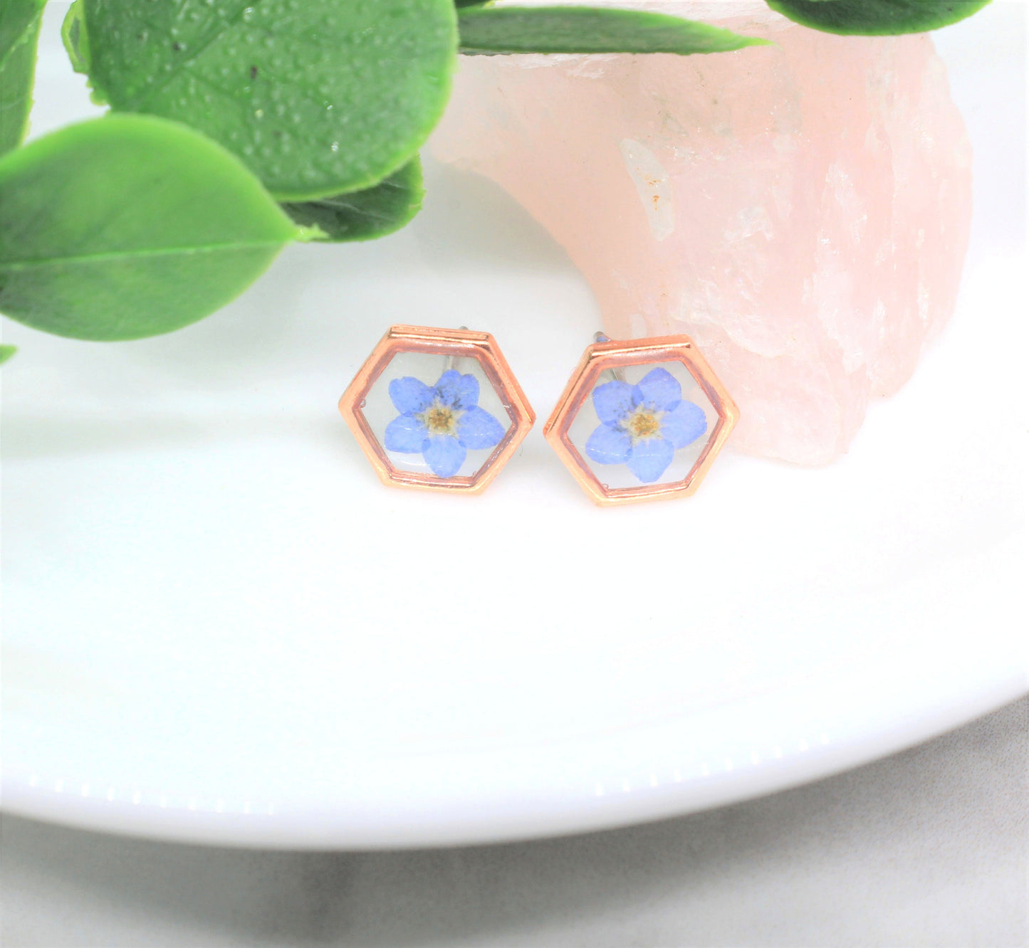 Pressed Flower Earrings, Rose Gold, Blue Forget-me-not Studs, Real Dried Flower Posts, Pressed Flower Jewelry, Botanical Forgetmenot Jewelry