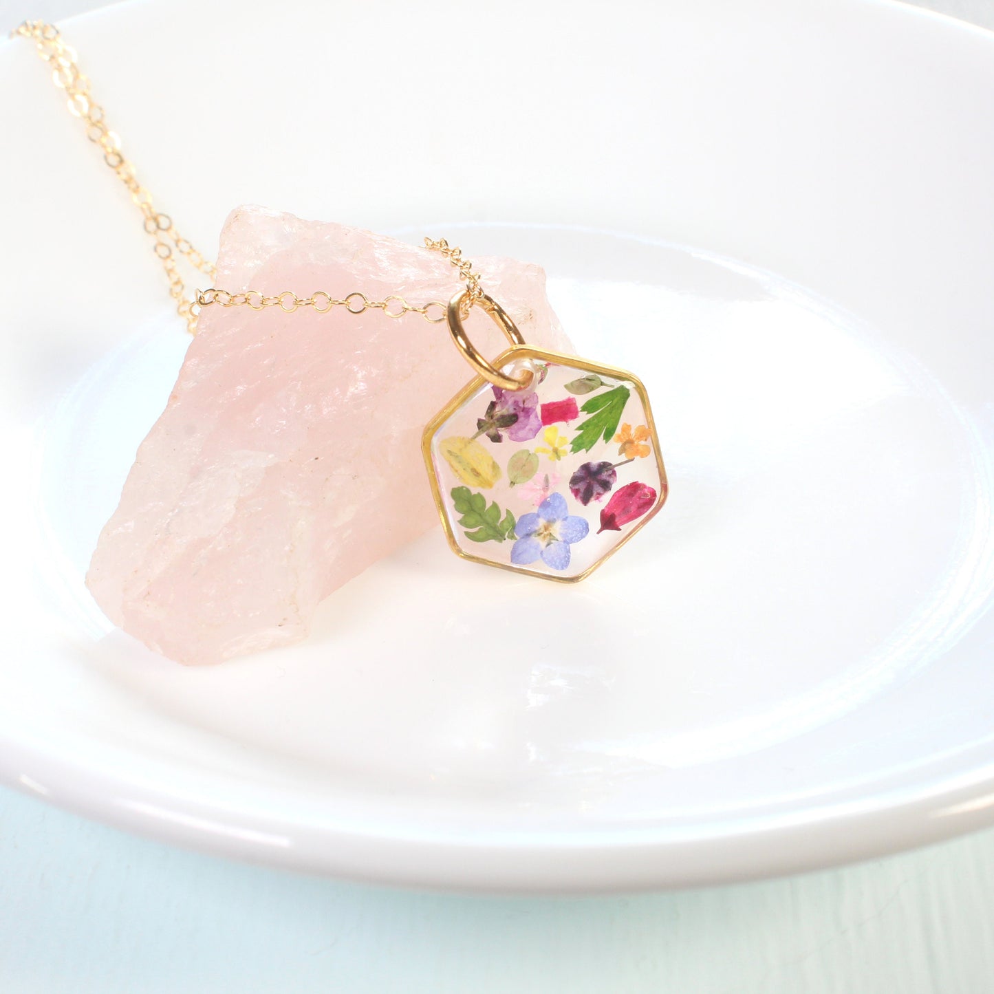 Small pressed flower necklace, mixed wildflower resin pendant, handmade botanical jewelry, dried flowers, plant lover gift, garden party