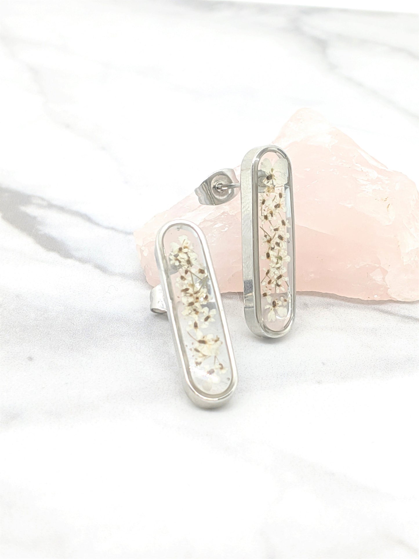 Real Pressed Flower Earrings - Oval Silver Bar Posts with White Wildflowers - Pressed Flower Jewelry