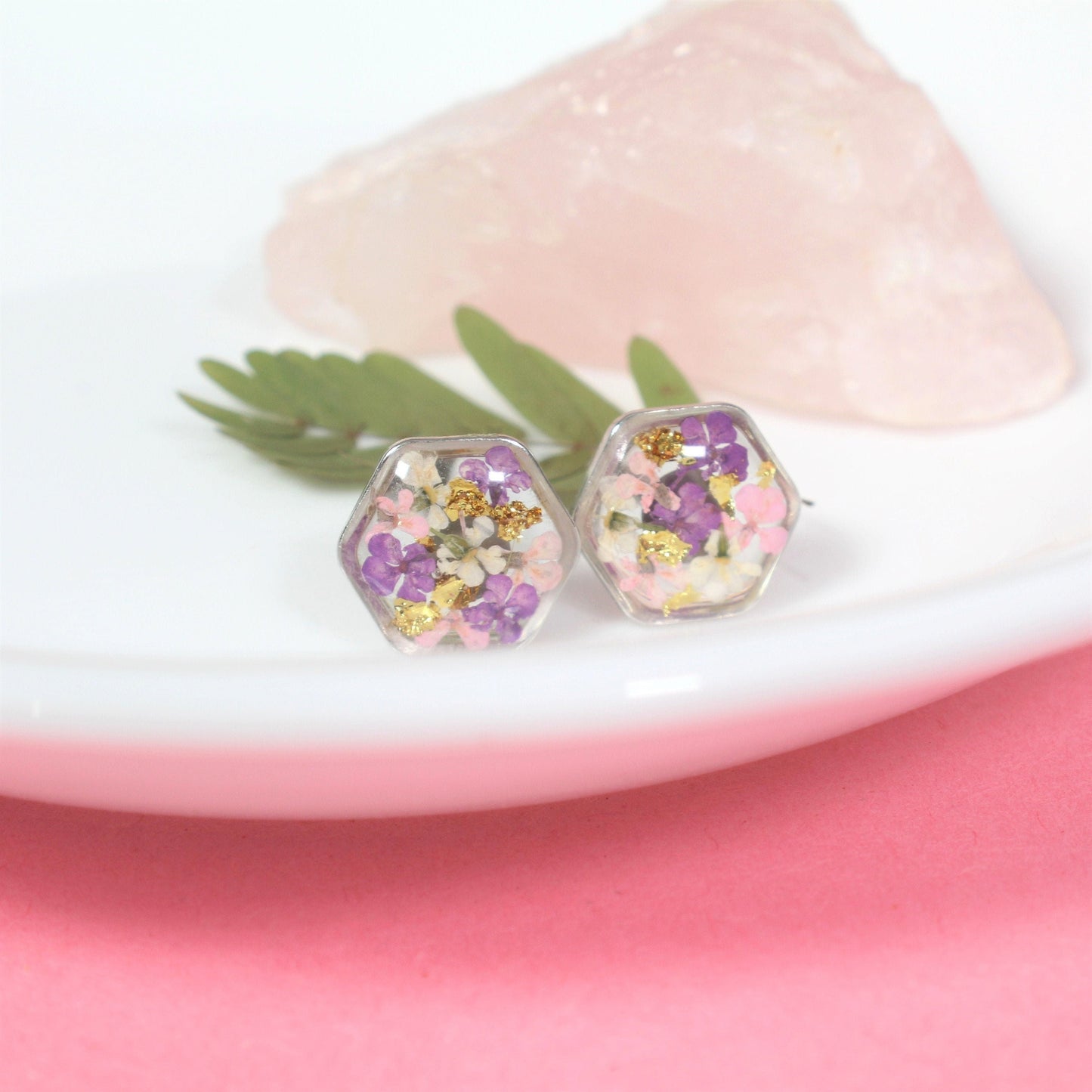 Hexagon Pressed Flower Resin Stud Earrings with Gold Leaf