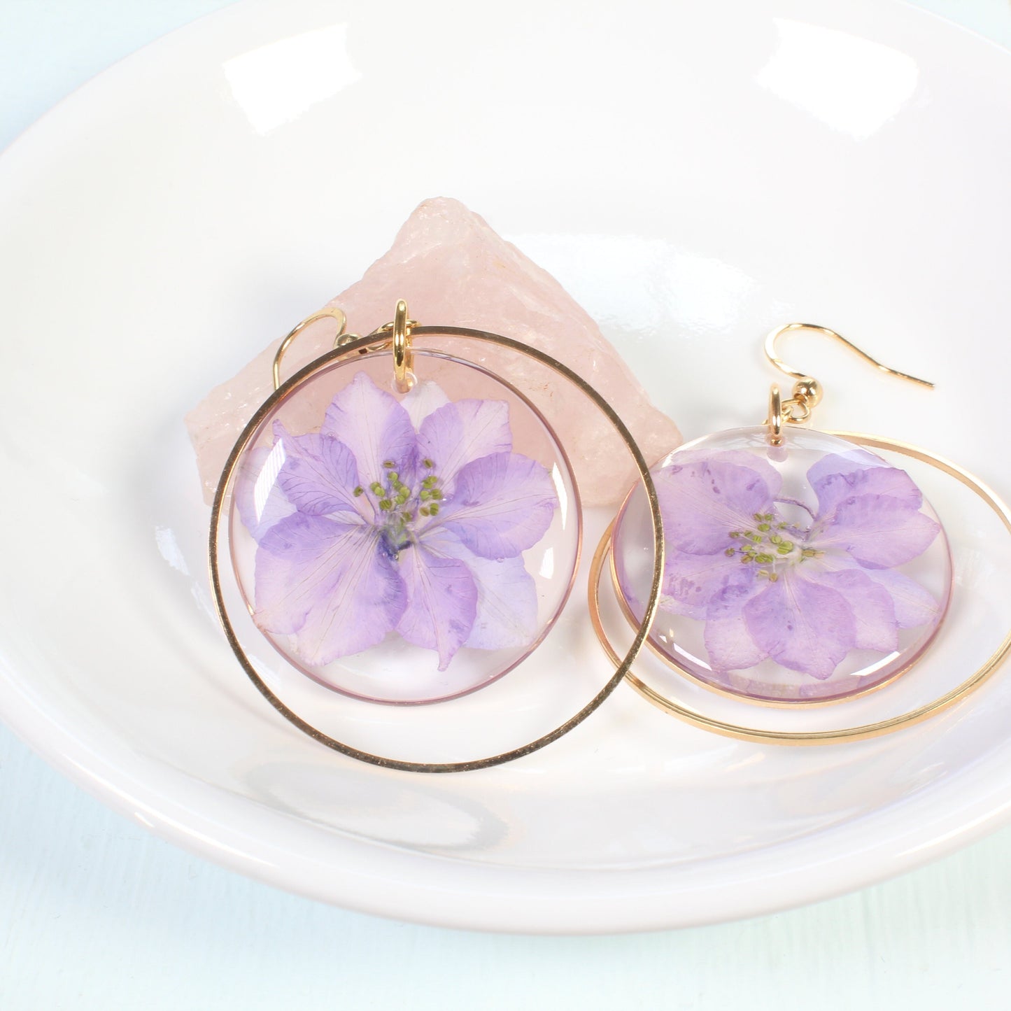 Light purple pressed flower earrings, large resin statement dangles, July birth flower jewelry, handmade, gold, silver, botanical, nature
