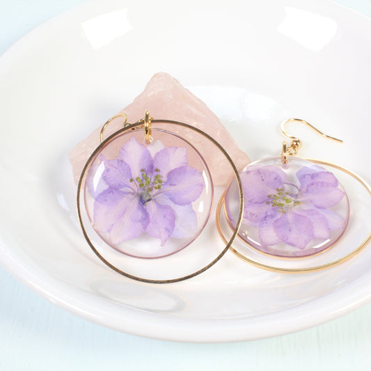 Light purple pressed flower earrings, large resin statement dangles, July birth flower jewelry, handmade, gold, silver, botanical, nature
