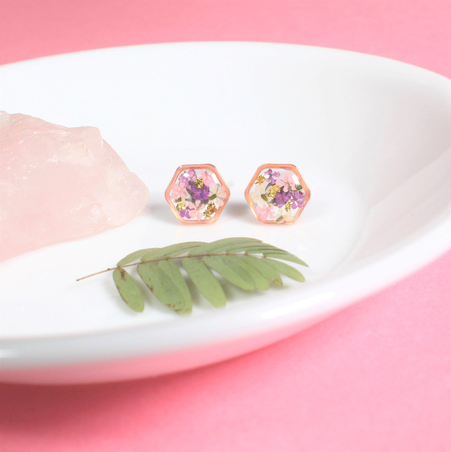 Hexagon Pressed Flower Resin Stud Earrings with Gold Leaf