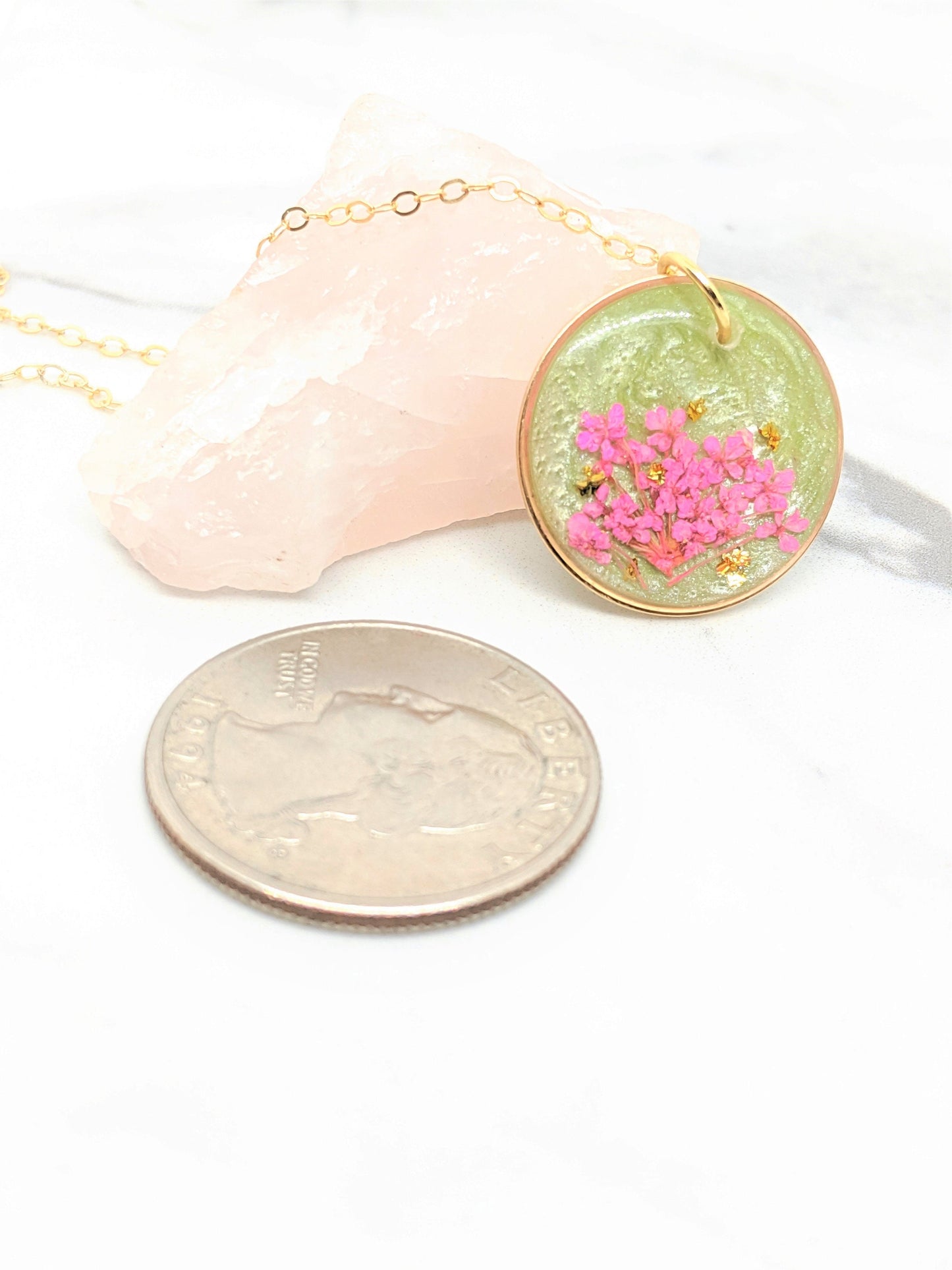 Pressed Flower Necklace, Small Real Flower Jewelry, Blush Pink, Blue, Lavender, Neon Pink, Mint, Black, Resin Lace Pendant, Colorful, Circle