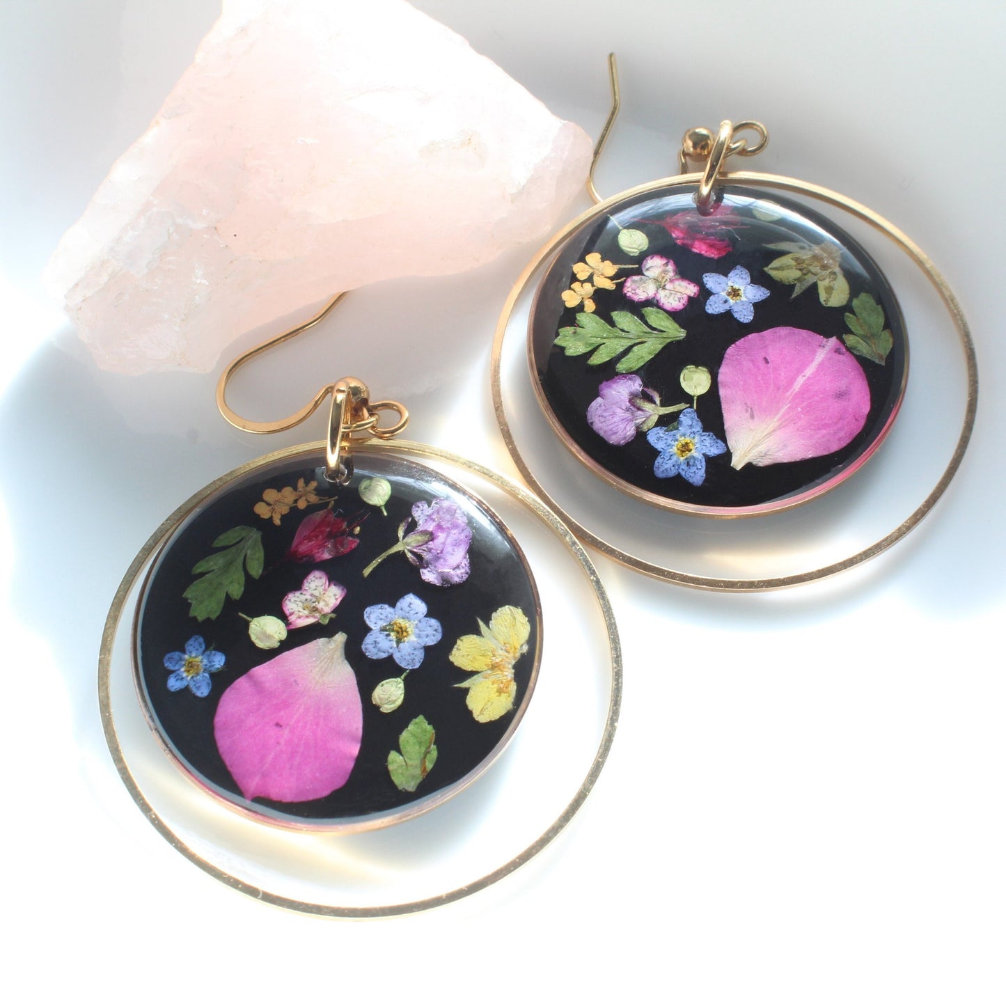 Pressed flower dangle earrings, colorful wildflower dangles, handmade dried botanicals resin jewelry, gold silver, plant lover, garden party