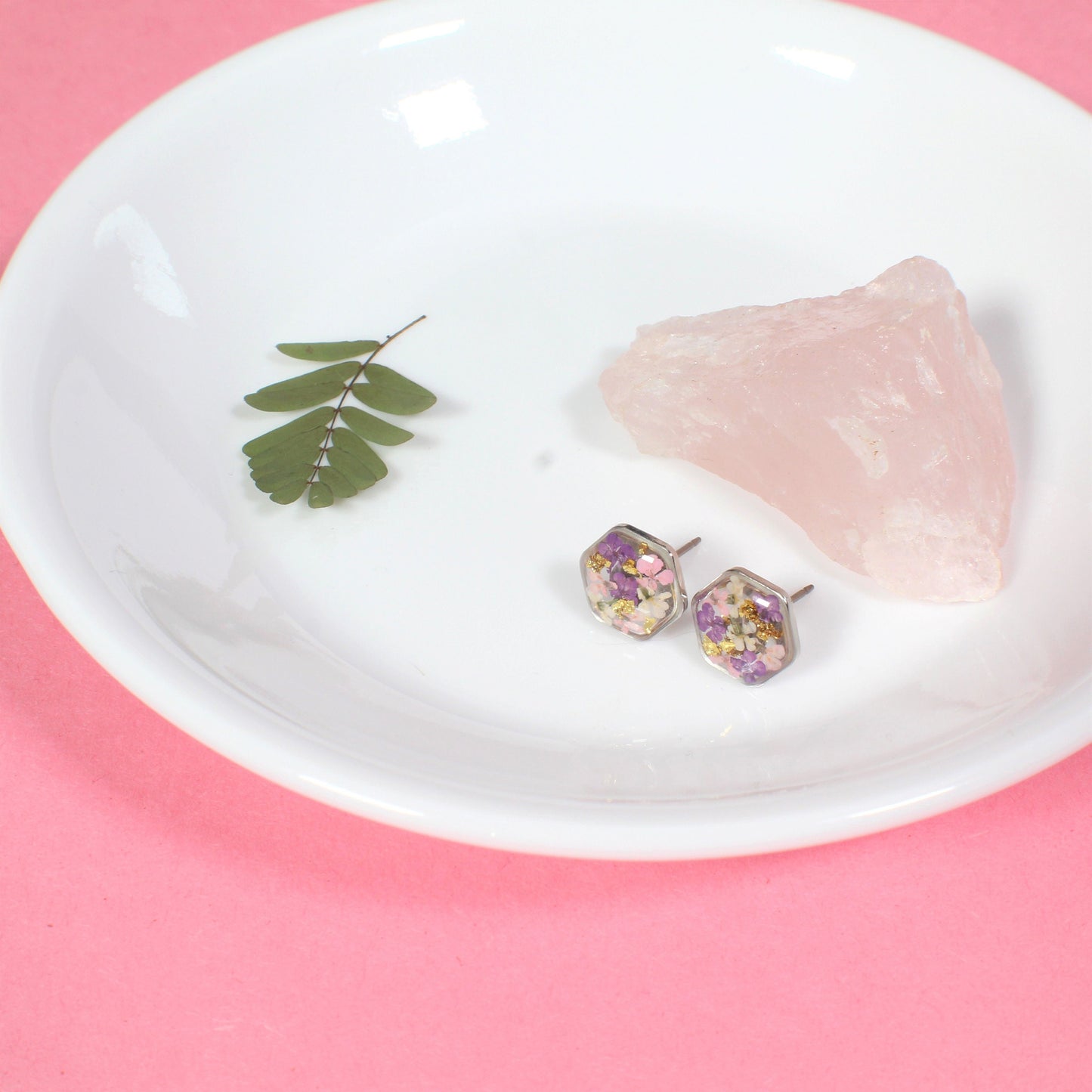 Hexagon Pressed Flower Resin Stud Earrings with Gold Leaf