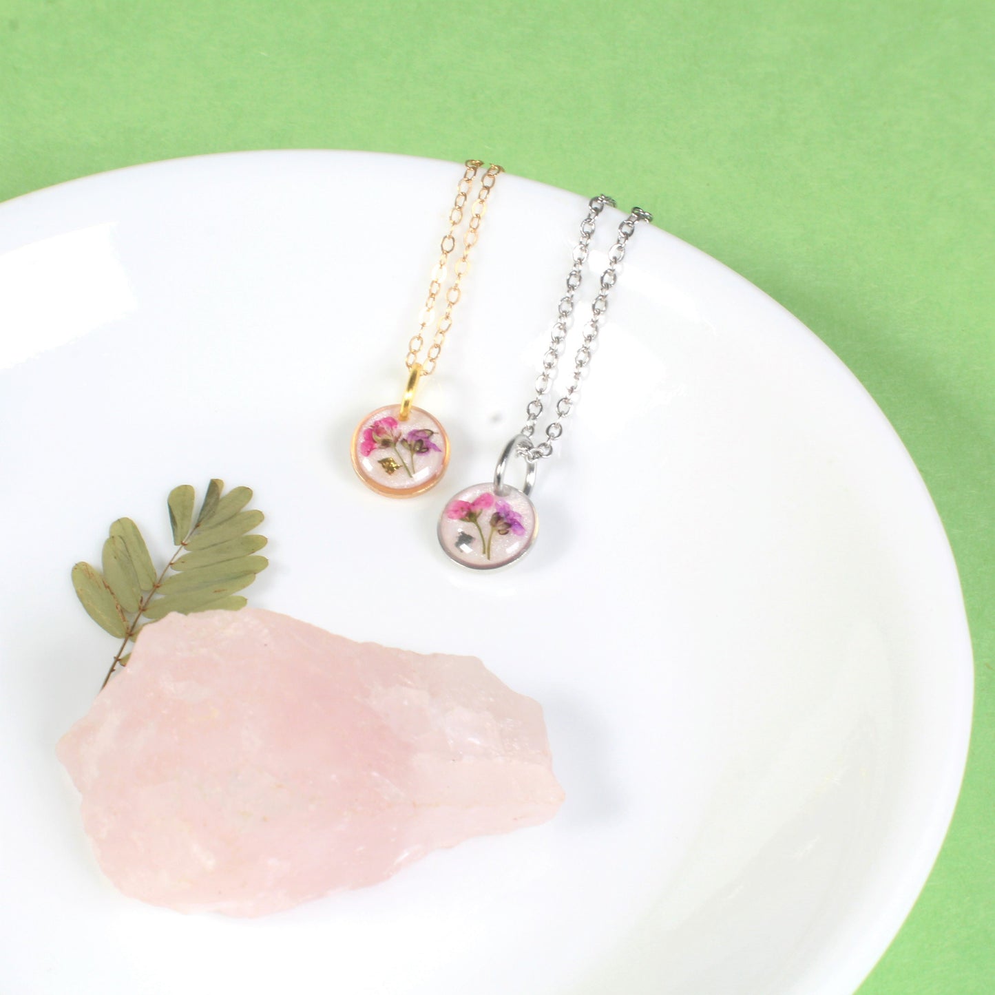 Tiny Pressed Flower Necklace, Dainty Micro Jewelry, Dried Flowers in Resin, Small, Delicate, Handmade Botanical Plant Pendant, Minimalist