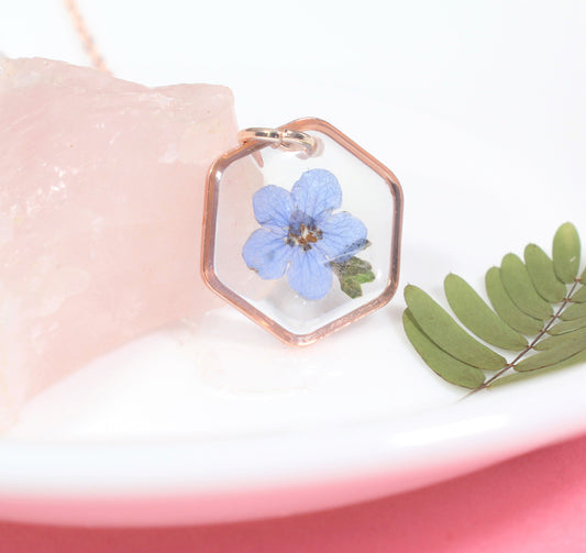 Forget me not Necklace, Pressed Flower Jewelry, Real Dried Flowers, Resin, Small Hexagon Forget-Me-Not, Handmade Gift for Loss
