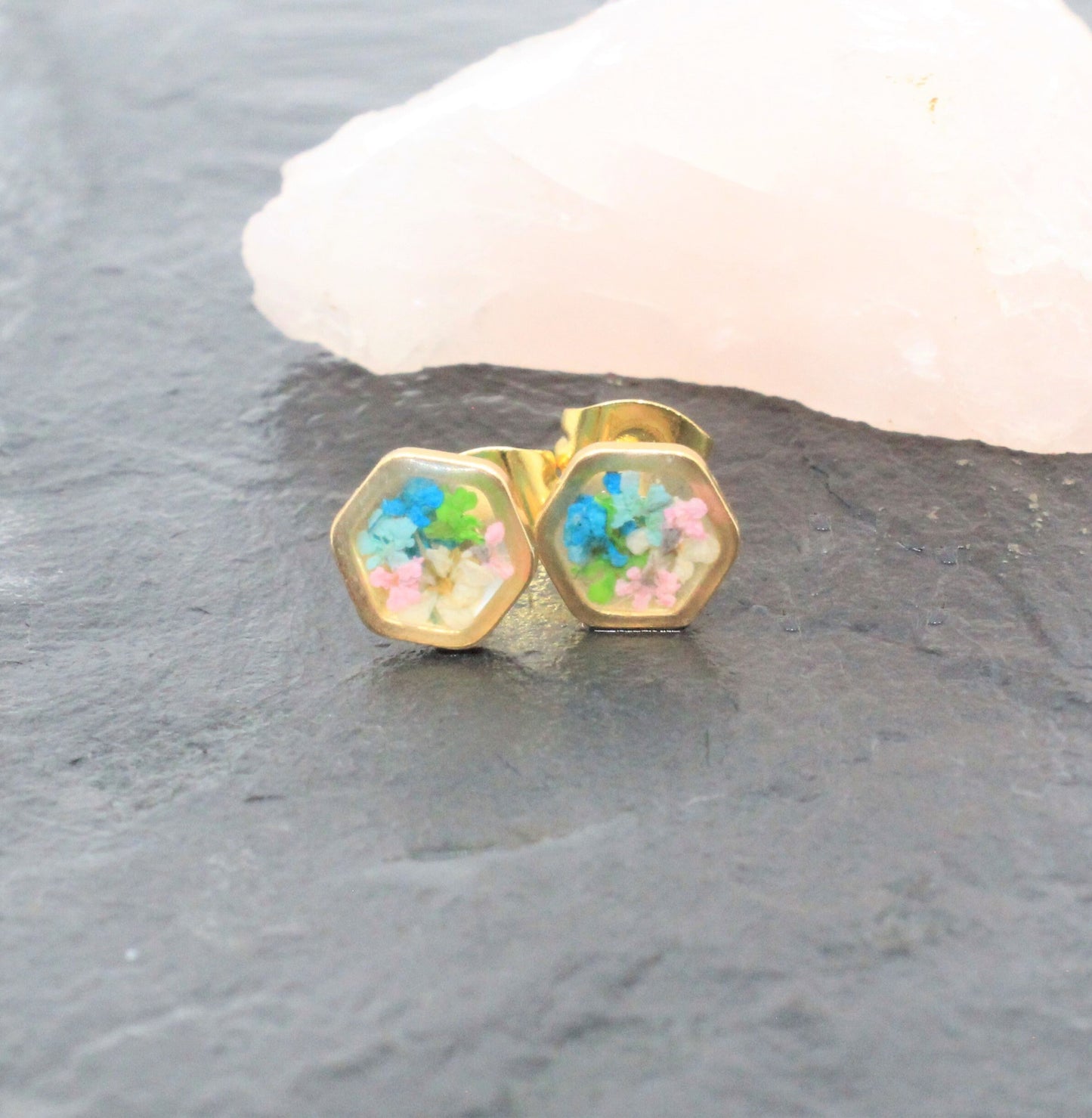 Tiny Pressed Flower Earrings, Gold Hexagon Stud, Minimalist Post, Small Green Pressed Flower Jewelry, Real Flower Jewelry,Pressed Flower