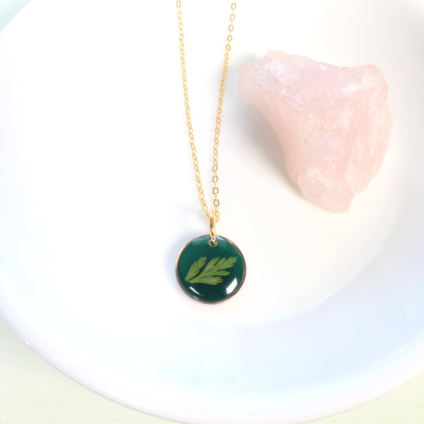 Dainty pressed flower necklace, natural botanical resin pendant, beige, green, white, baby's breath, fern, wildflower nature plant jewelry