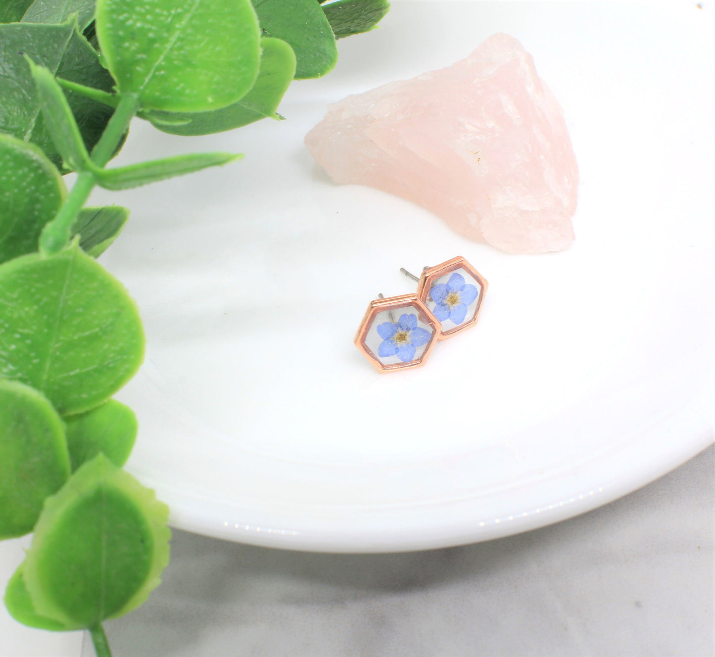 Pressed Flower Earrings, Rose Gold, Blue Forget-me-not Studs, Real Dried Flower Posts, Pressed Flower Jewelry, Botanical Forgetmenot Jewelry