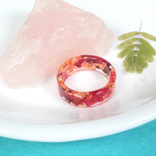 Real Pressed Flower Ring, Rose Petal and Copper Rose Gold Leaf Clear Resin Band, Pressed Flower Jewelry, Resin Ring, Pressed Flowers