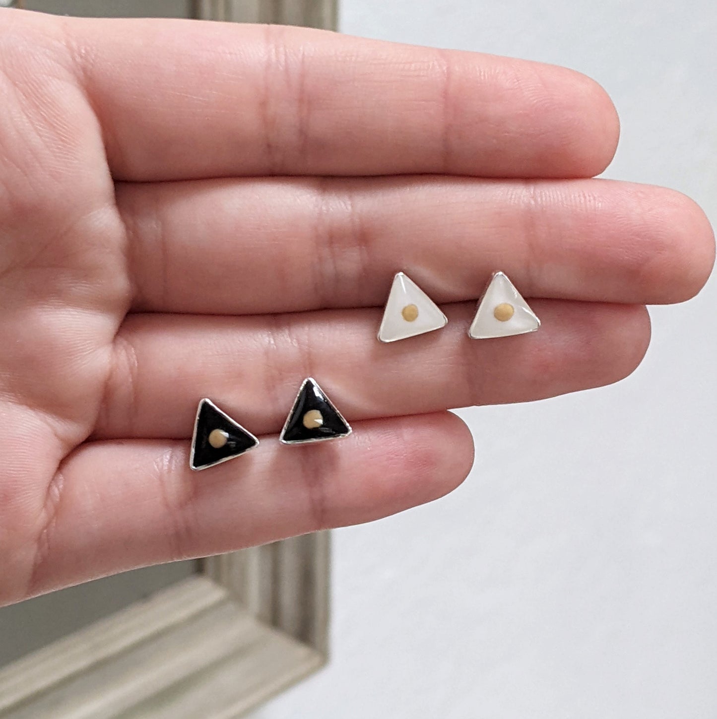 Mustard seed earrings, small triangle earrings, mountain faith studs, hypoallergenic titanium, Christian jewelry, handmade, resin, silver