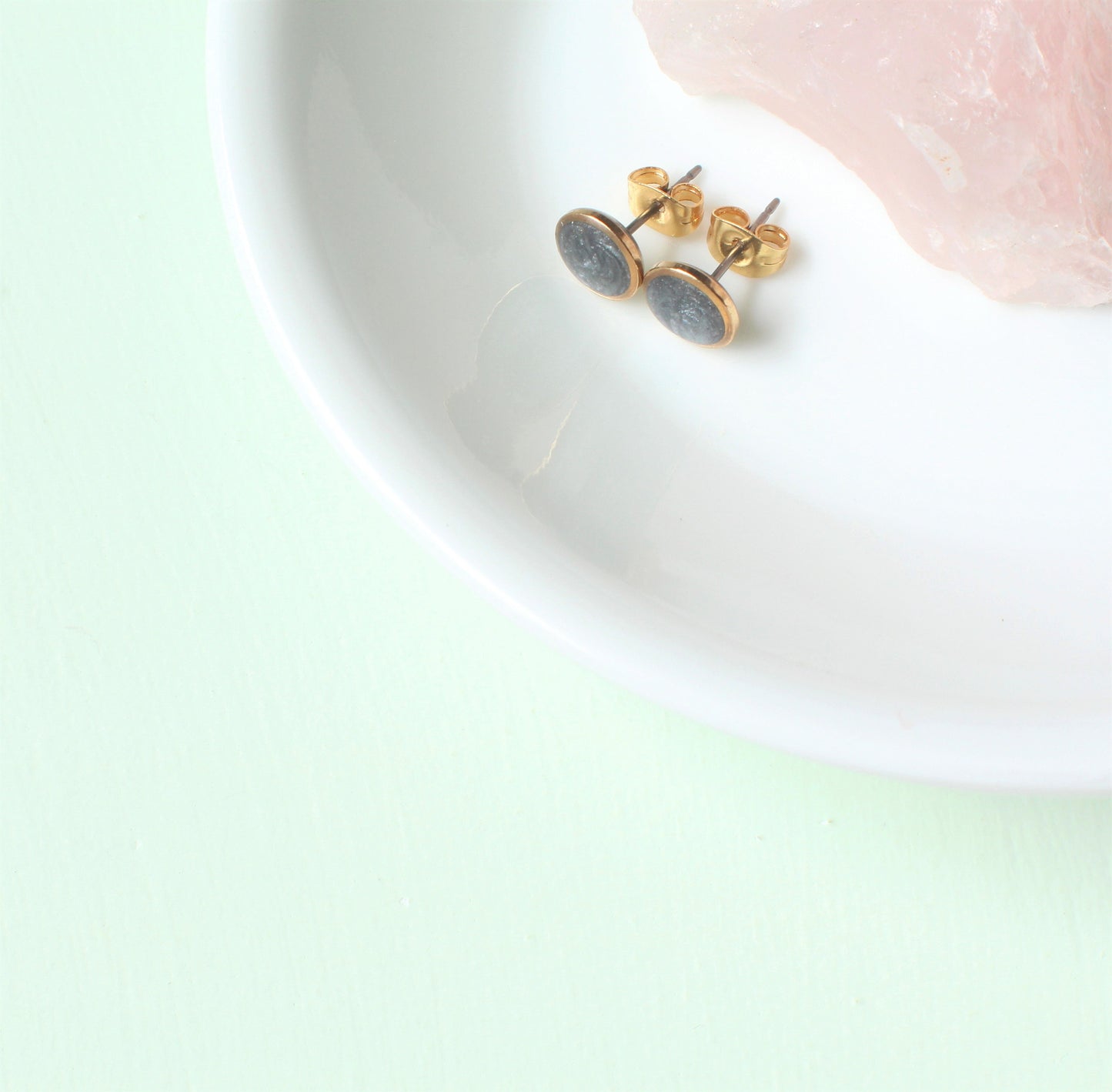 Small Modern Minimalist Gray Studs, Resin Earrings, Hypoallergenic Titanium, Geometric, Gold Circles Slate Gray, Layering, Accent Stud Posts