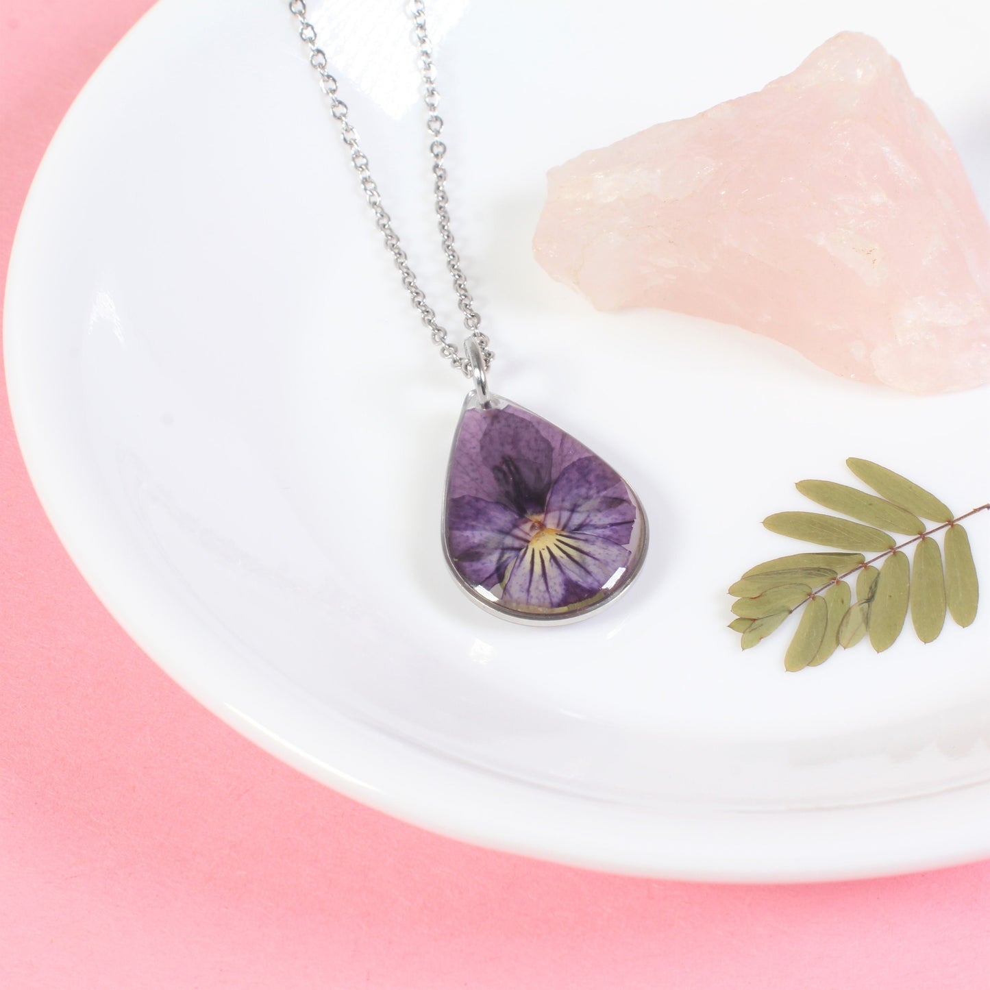 Violet necklace,  Small pressed flower pendant, real pansy viola, resin, handmade botanical teardrop necklace, February birth flower, nature