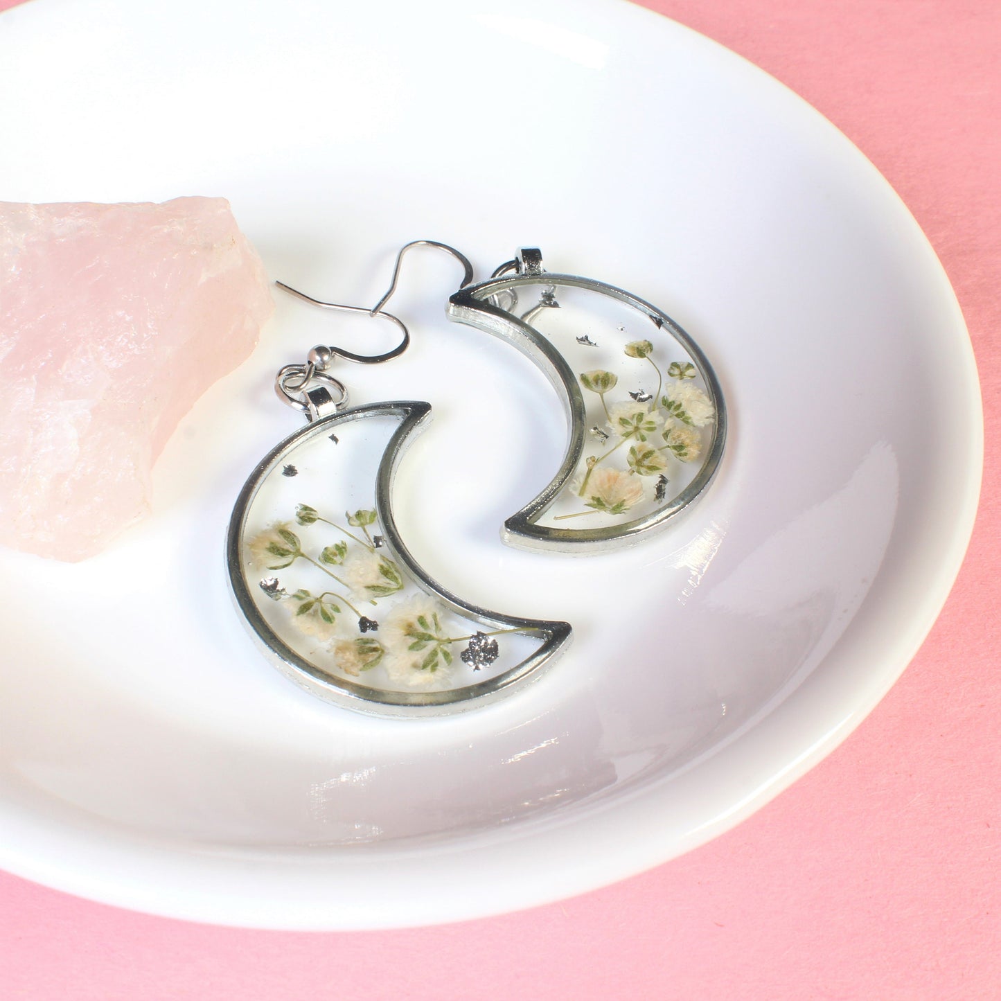 Pressed flower earrings, Gold moon dangle earrings, Resin flower jewelry, handmade, white baby's breath, dry botanicals, wildflowers, lunar