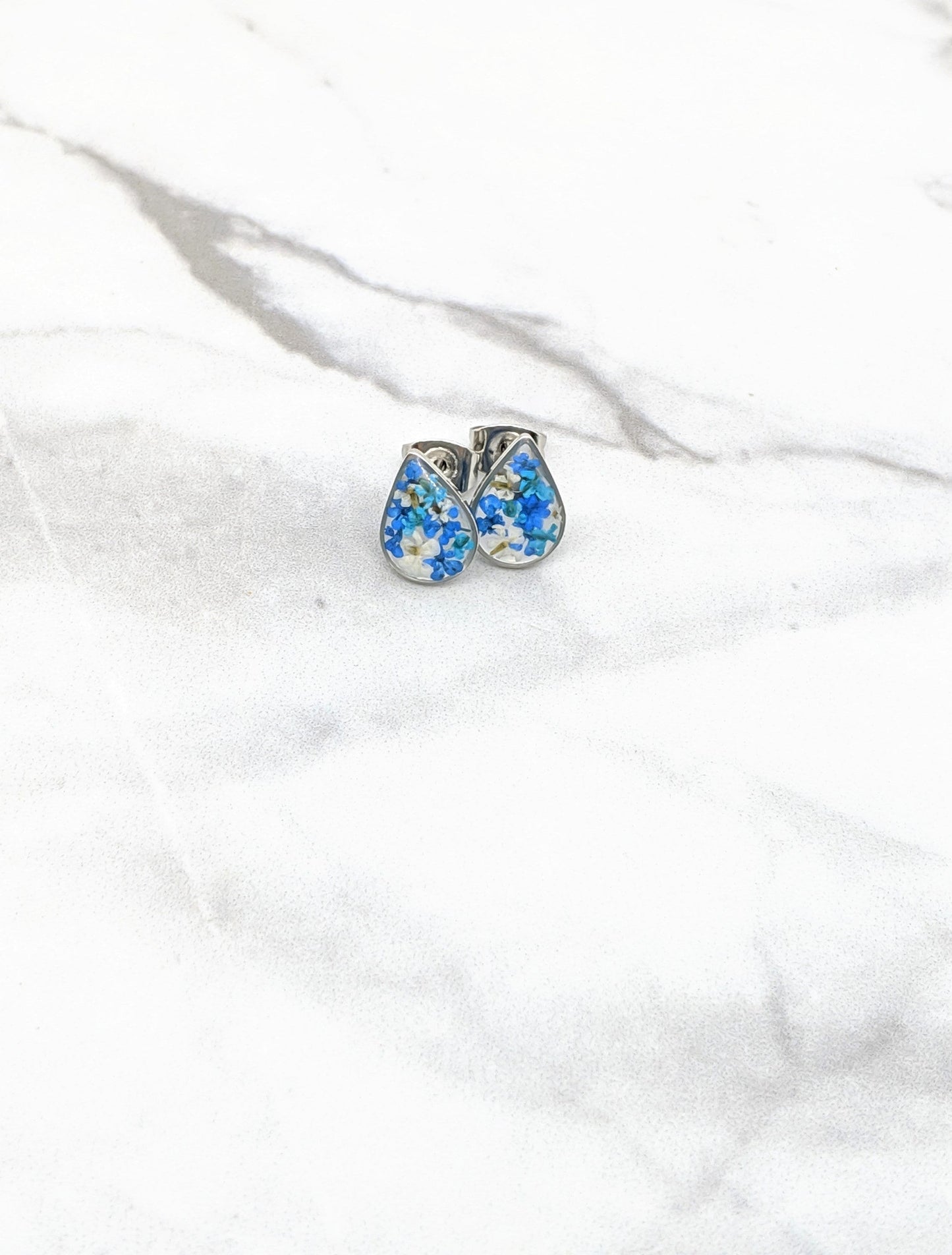 Pressed flower stud earrings, navy blue, teal, white, teardrop studs, hypoallergenic titanium