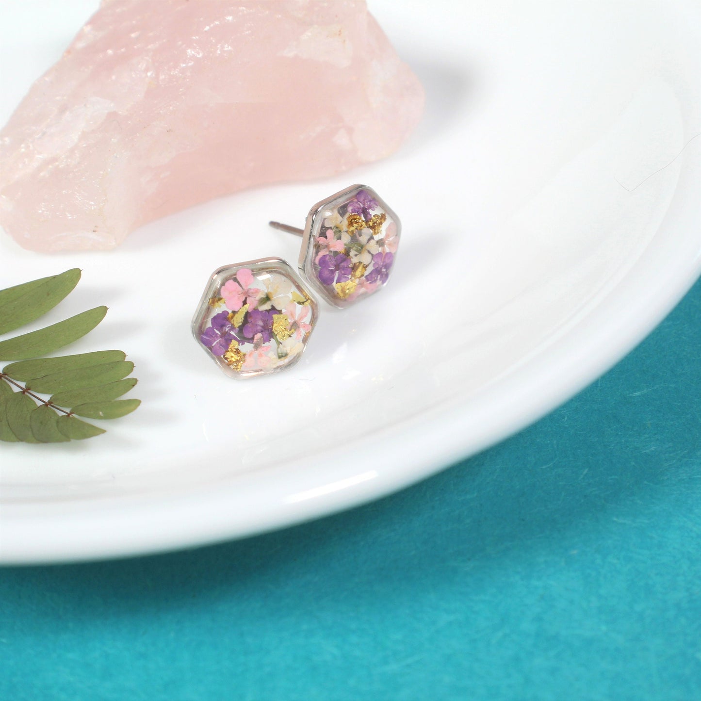 Hexagon Pressed Flower Resin Stud Earrings with Gold Leaf