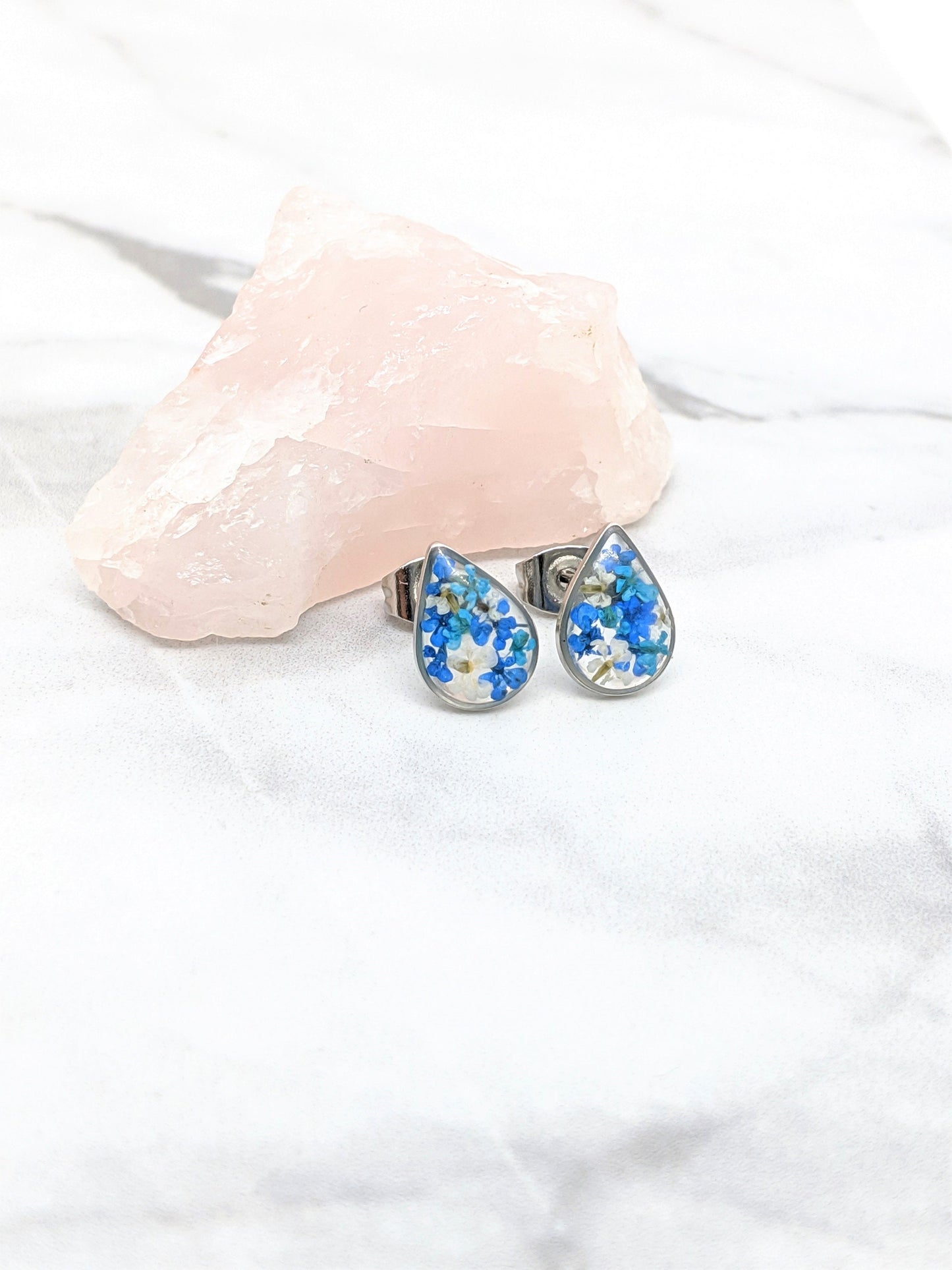Pressed flower stud earrings, navy blue, teal, white, teardrop studs, hypoallergenic titanium