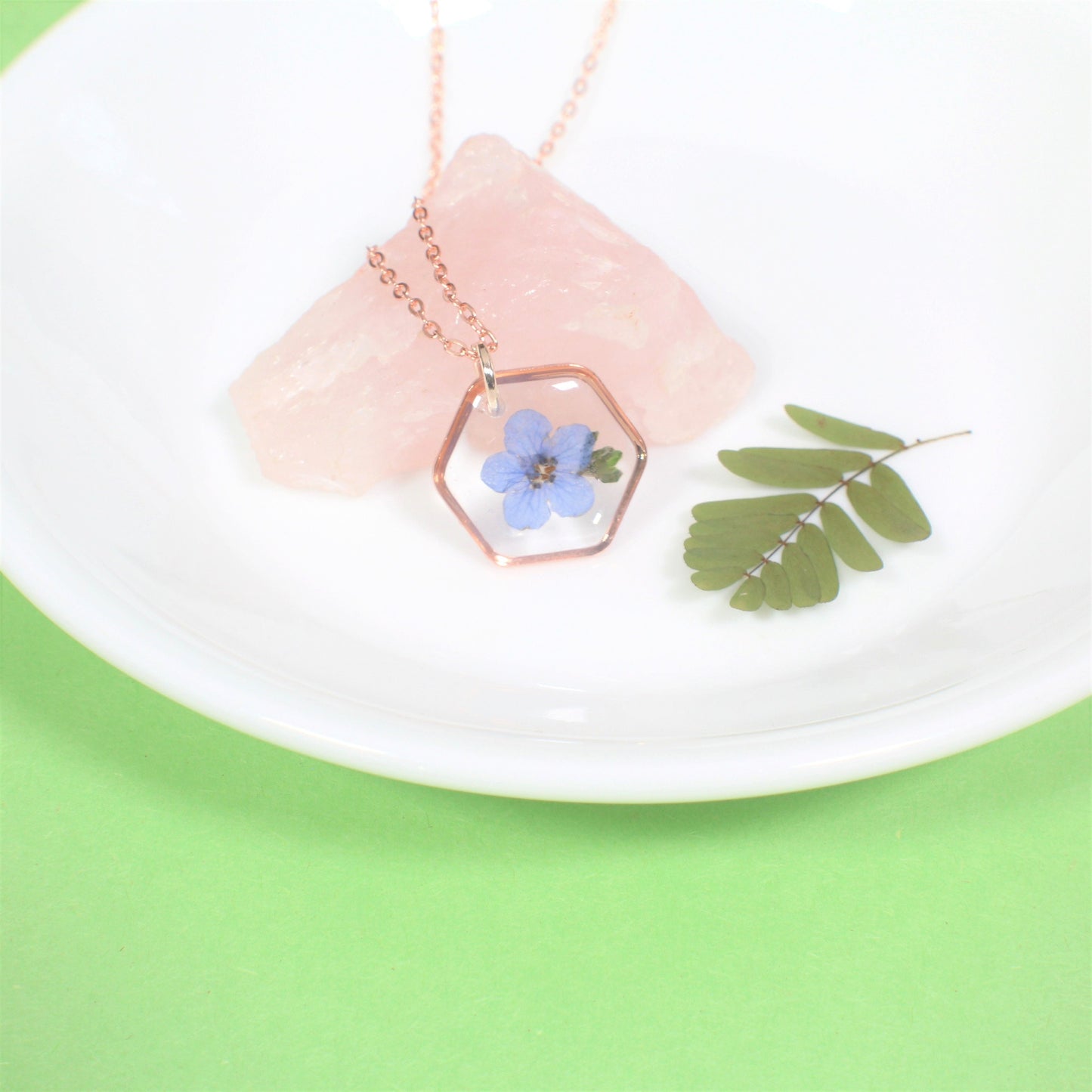 Forget me not Necklace, Pressed Flower Jewelry, Real Dried Flowers, Resin, Small Hexagon Forget-Me-Not, Handmade Gift for Loss