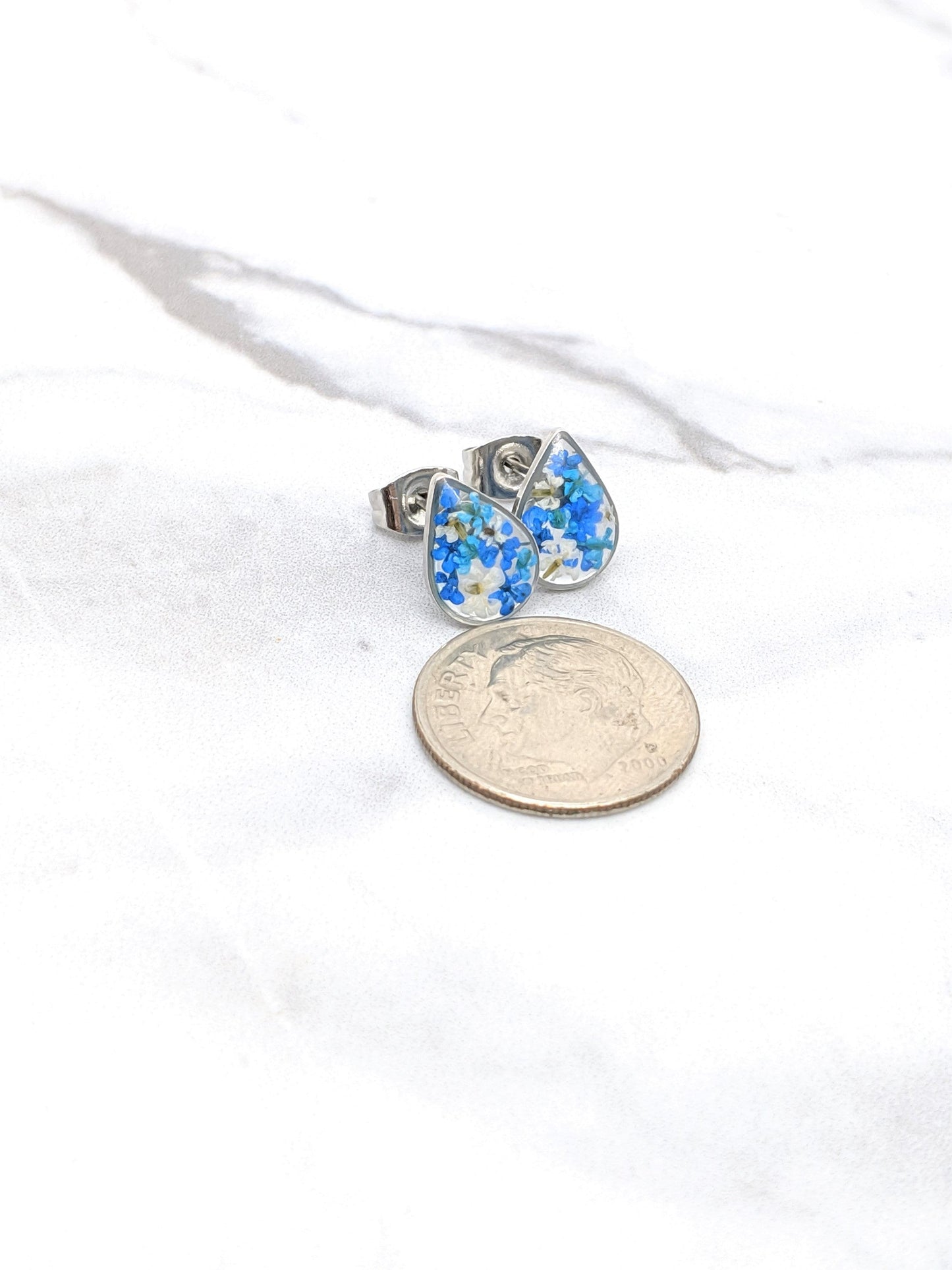 Pressed flower stud earrings, navy blue, teal, white, teardrop studs, hypoallergenic titanium
