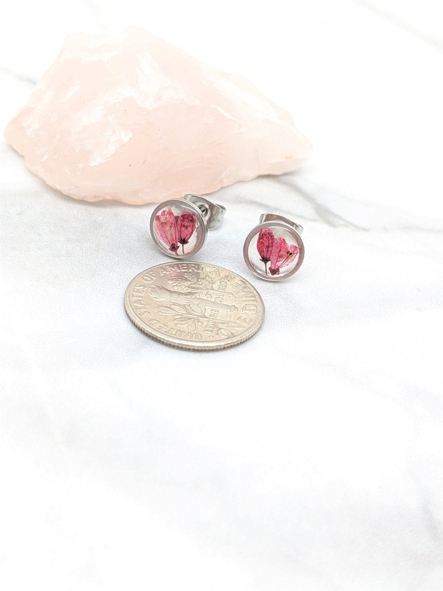 Tiny Real Pressed Flower Earrings, Silver Circle Studs with Dark Rose Pink Flowers, Minimalist, Small wildflower earrings, titanium posts