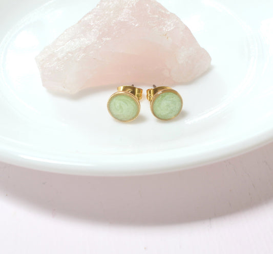 Small Modern Minimalist Mint Studs | Resin Post Earrings | Hypoallergenic Titanium | Geometric | Gold Circles, Mint Green | Layering Accent