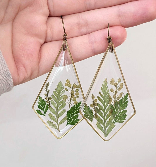 Fern earrings, large plant dangles, terrarium kite statement earrings, real leaf jewelry, resin, nature, forest, woodland, pressed flowers